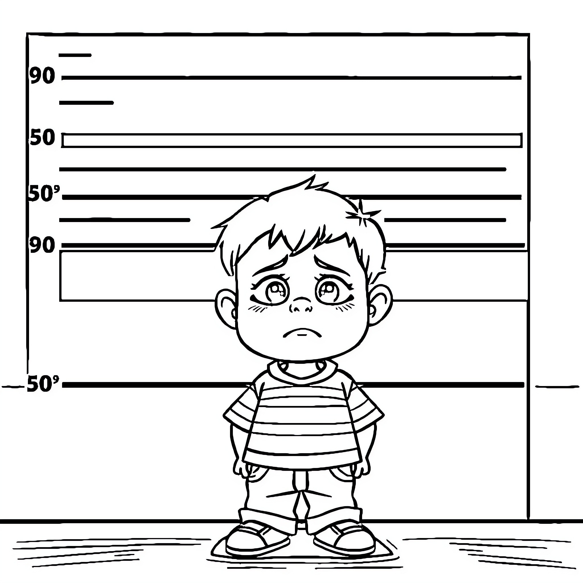 Toddler standing against police lineup backdrop Coloring Page (free black-and-white line drawing printable PDF for all, from beginners to advanced learners, including children, teens, adults, and seniors)