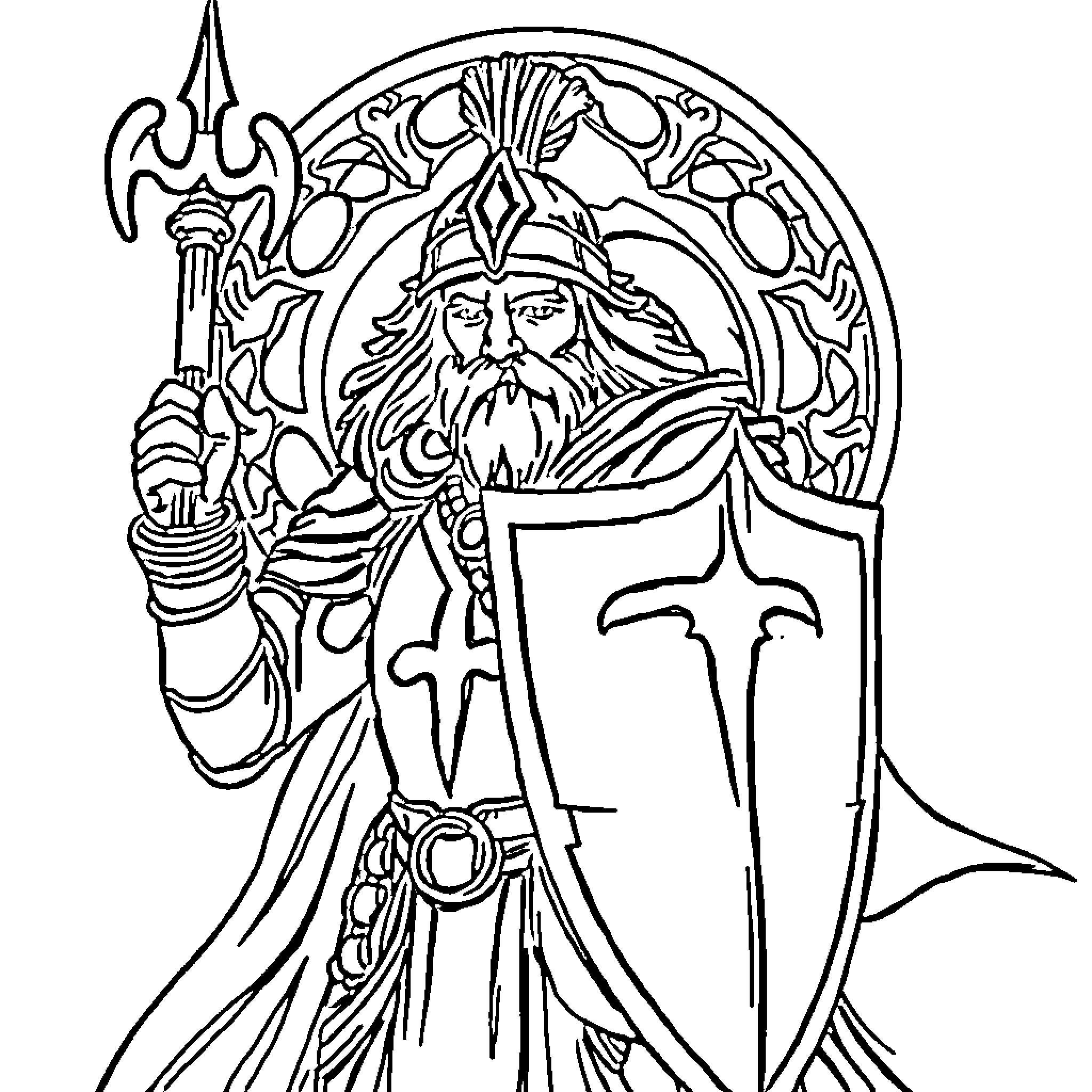 Phoenix Warrior in Ornate Ceremonial Attire Coloring Page (free black-and-white line drawing printable PDF for all, from beginners to advanced learners, including children, teens, adults, and seniors)