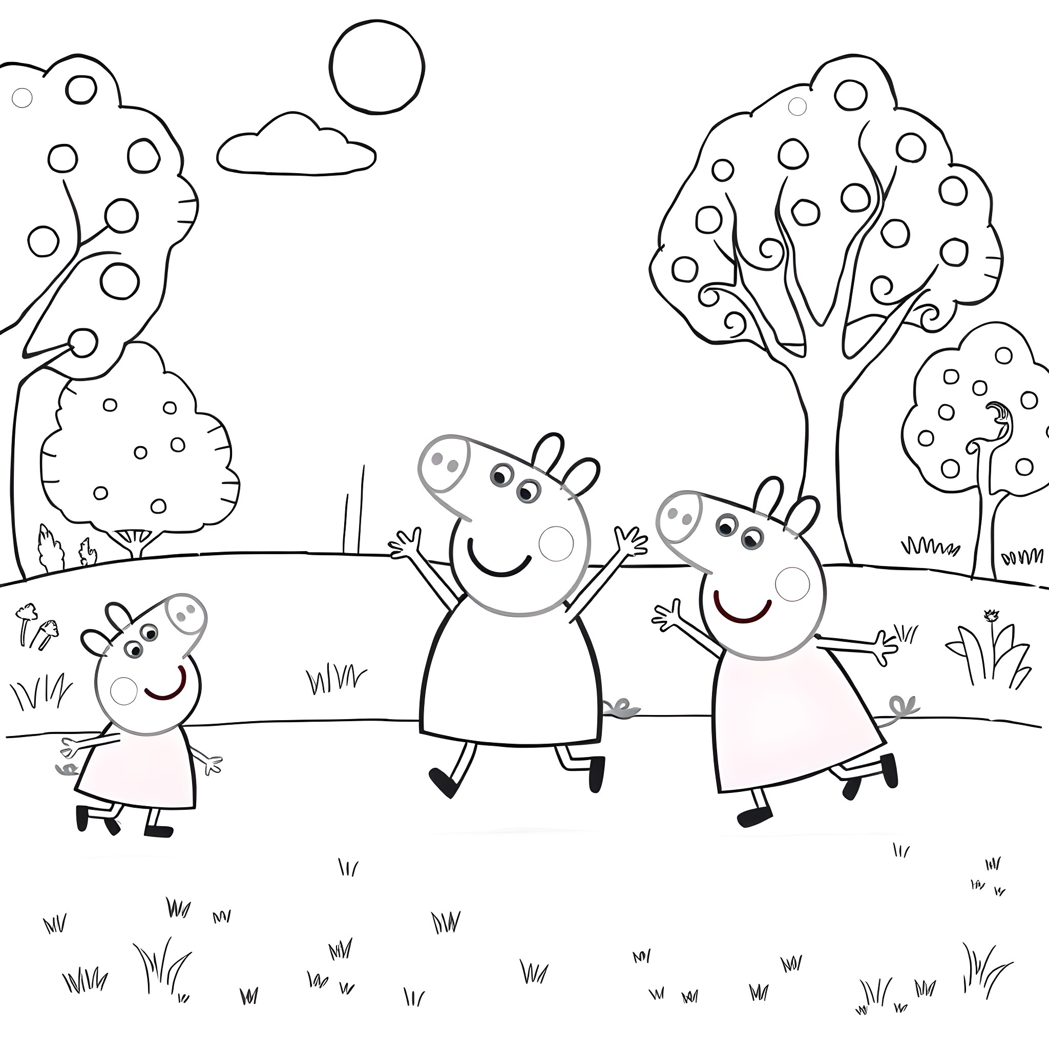 Peppa Pig family playing happily in the park Coloring Page (free black-and-white line drawing printable PDF for all, from beginners to advanced learners, including children, teens, adults, and seniors)
