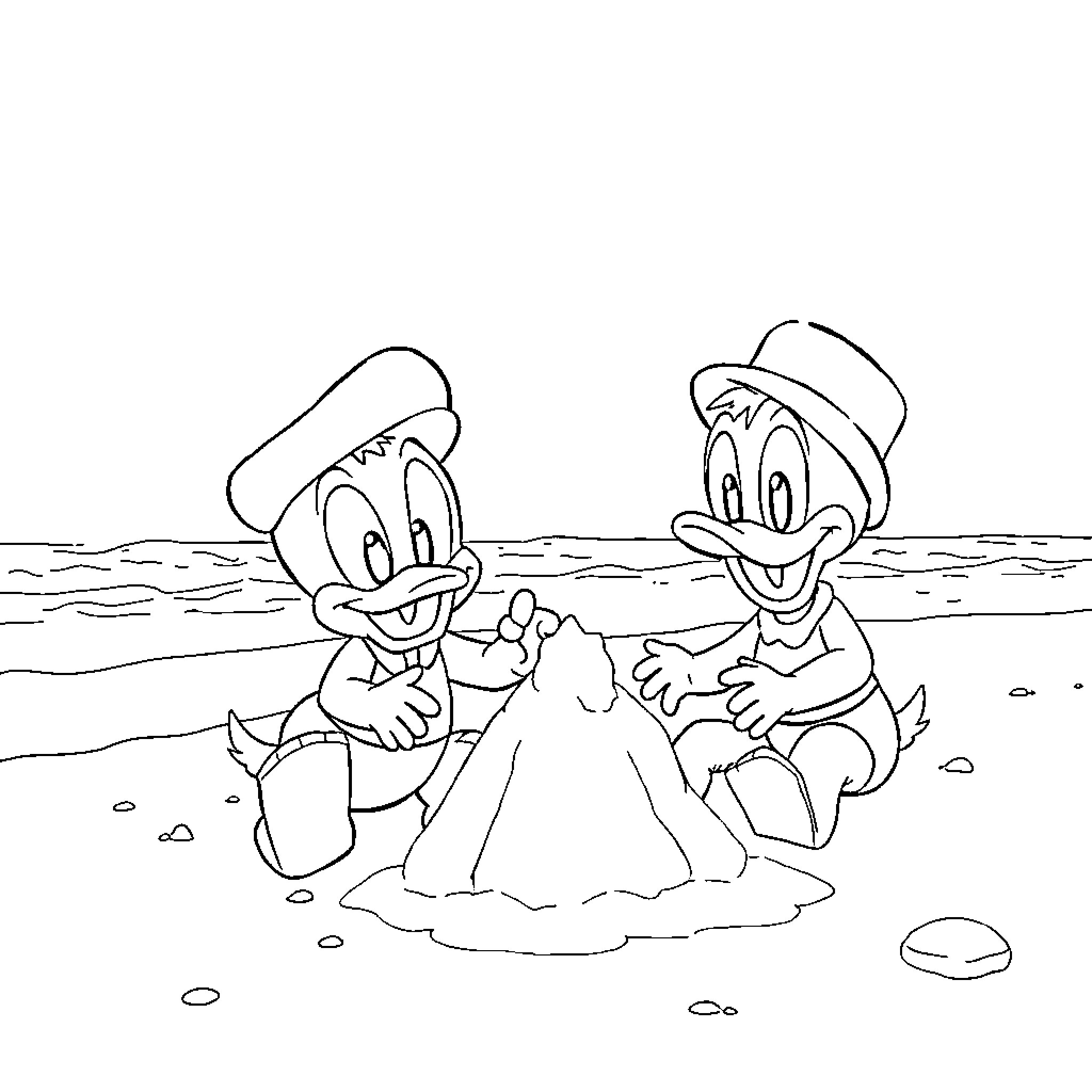 Donald Duck and friend building a sandcastle on the beach Coloring Page (free black-and-white line drawing printable PDF for all, from beginners to advanced learners, including children, teens, adults, and seniors)