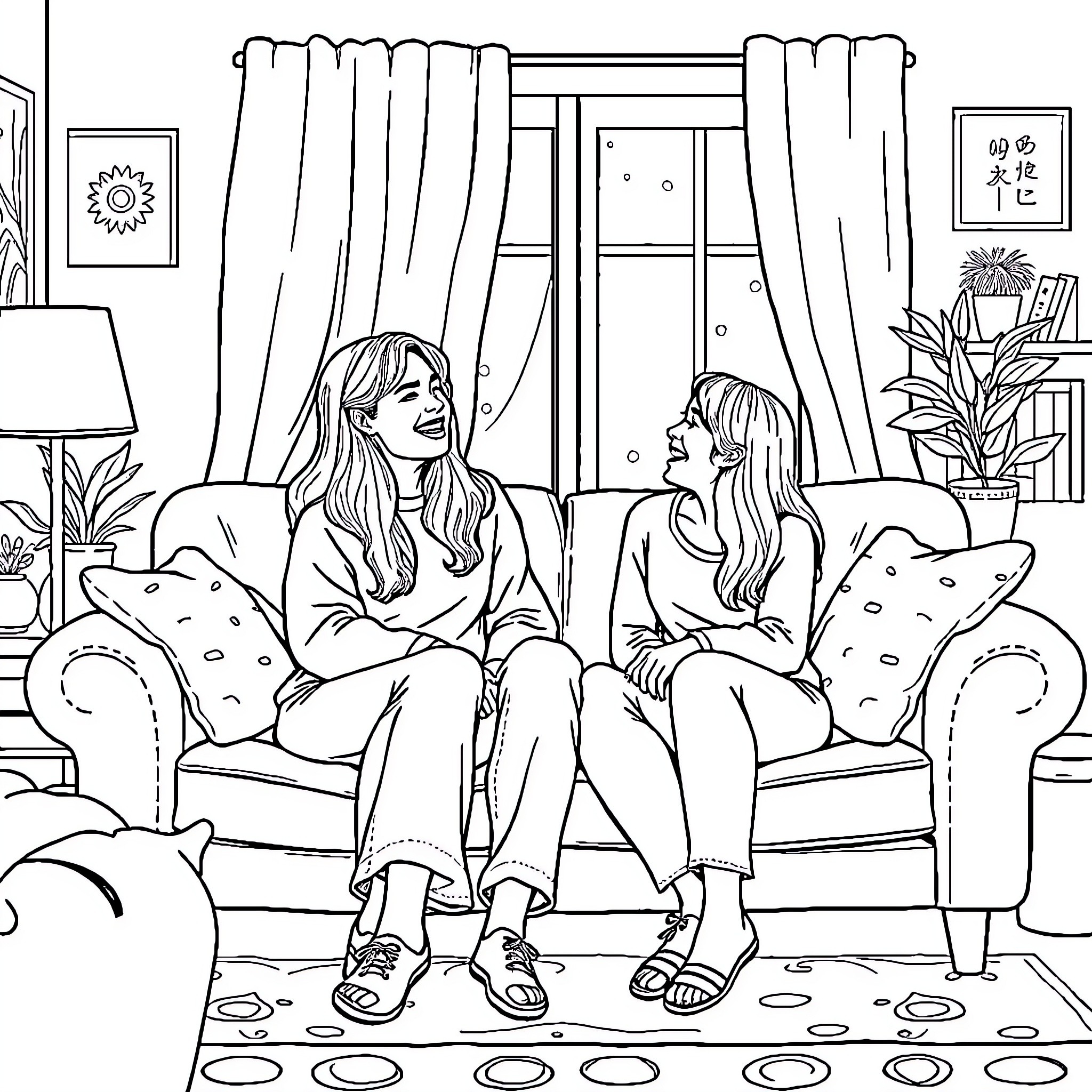 Friend Enjoying Casual Conversation in Cozy Living Room Coloring Page (free black-and-white line drawing printable PDF for all, from beginners to advanced learners, including children, teens, adults, and seniors)