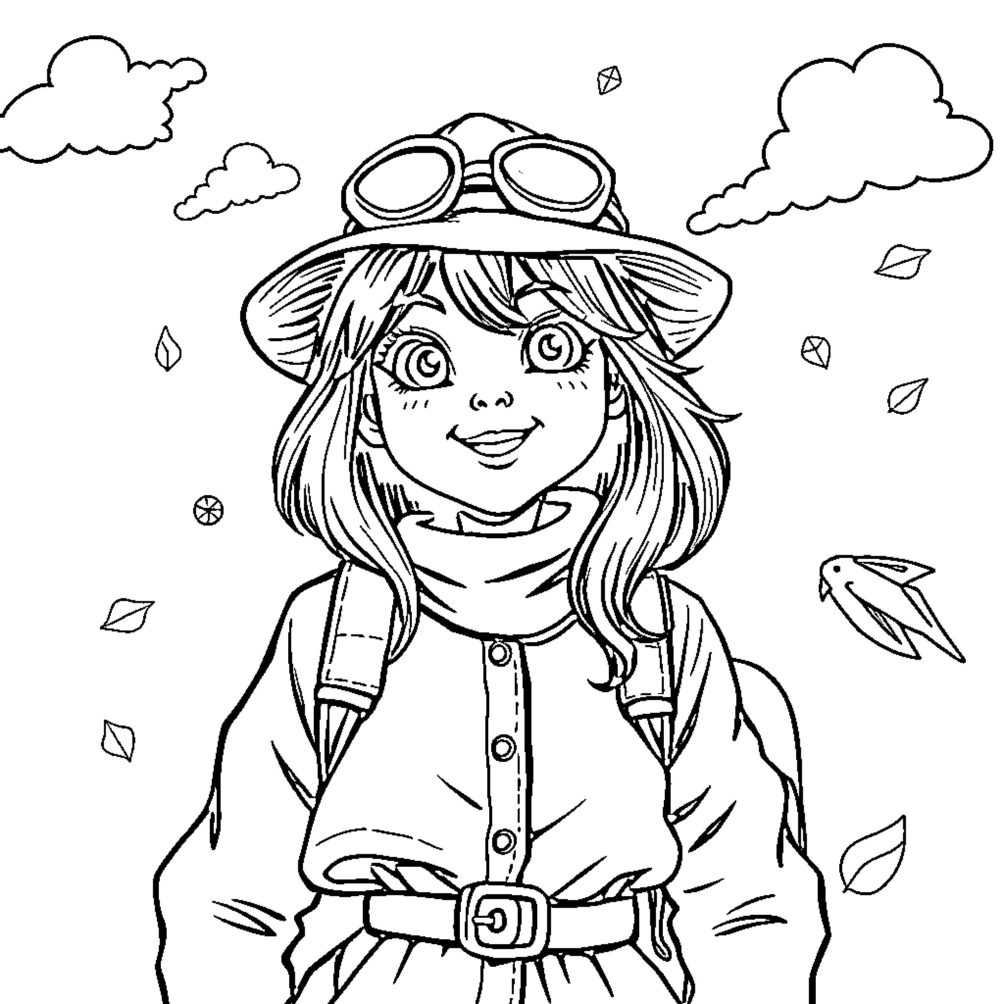 Girl exploring the outdoors with adventurous spirit Coloring Page (free black-and-white line drawing printable PDF for all, from beginners to advanced learners, including children, teens, adults, and seniors)