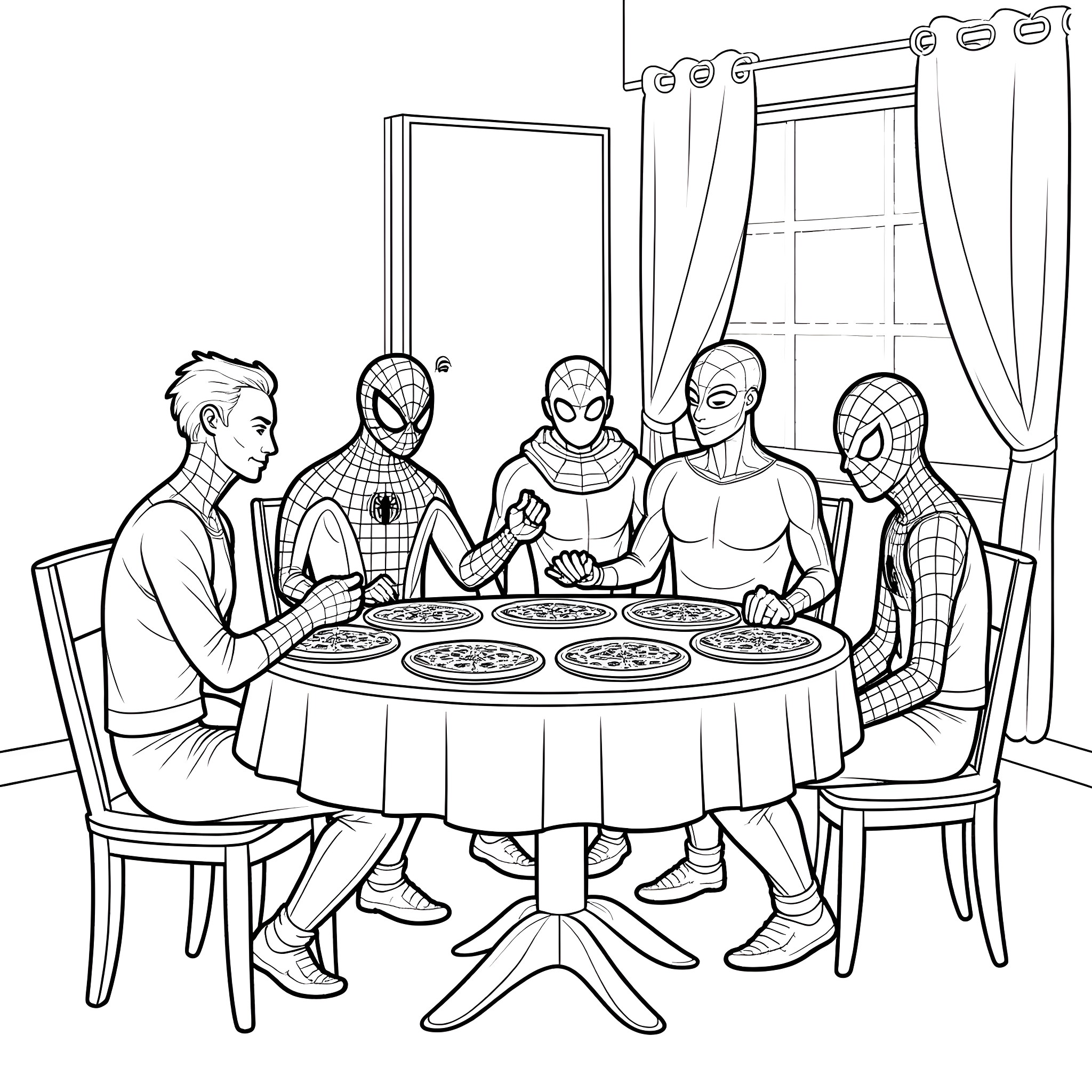 Spiderman and friends enjoying a meal together Coloring Page (free black-and-white line drawing printable PDF for all, from beginners to advanced learners, including children, teens, adults, and seniors)
