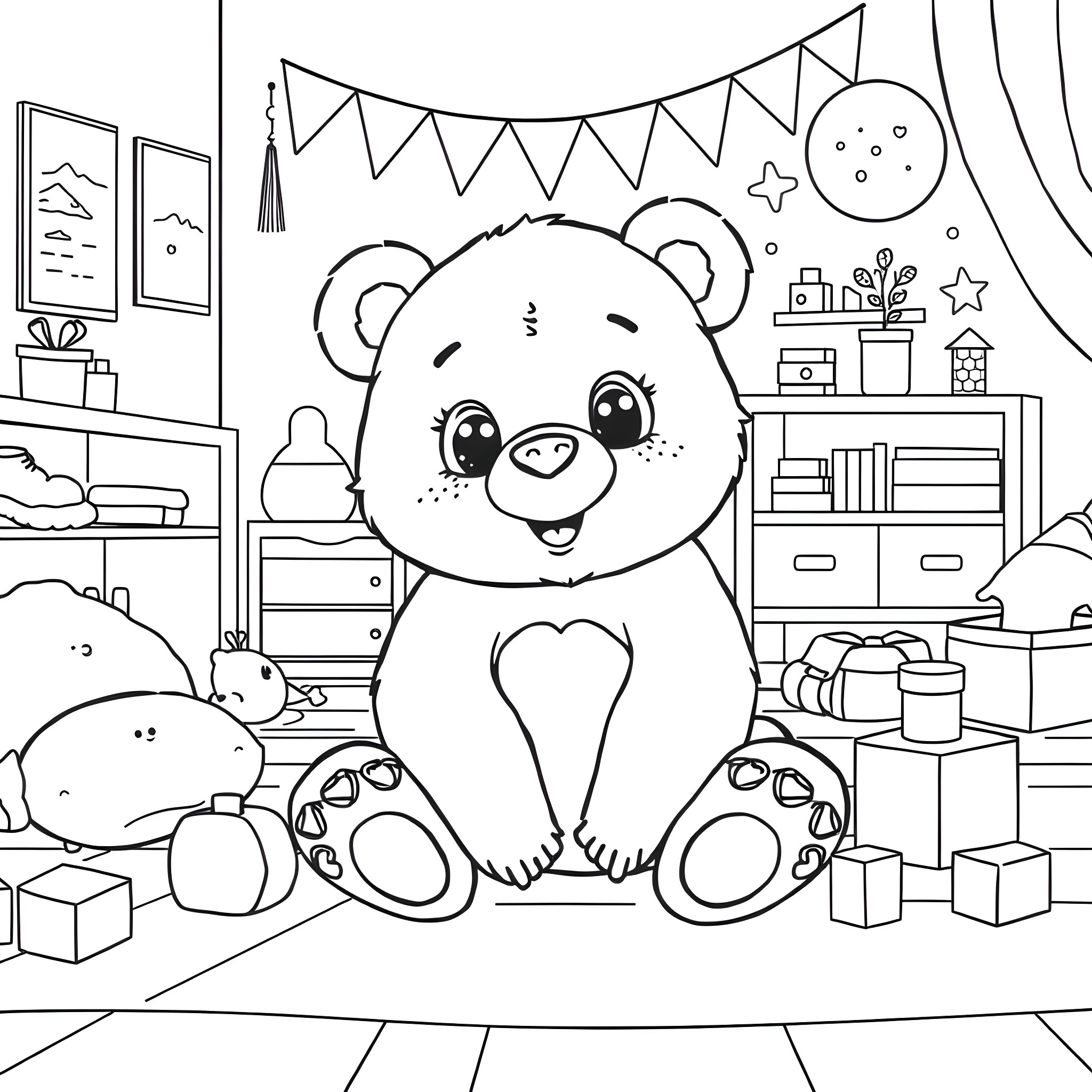 Bear enjoying a cozy birthday party Coloring Page (free black-and-white line drawing printable PDF for all, from beginners to advanced learners, including children, teens, adults, and seniors)