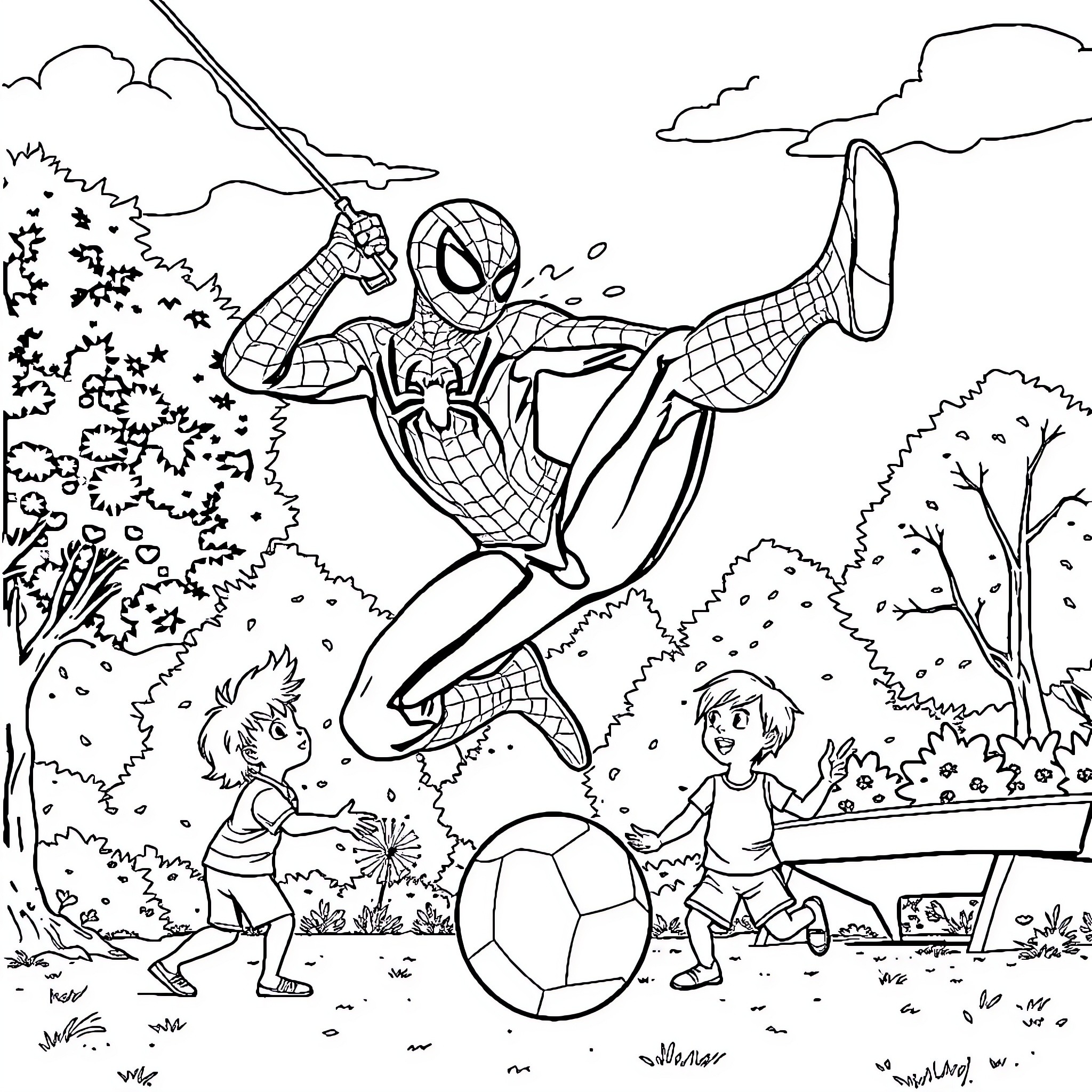Spiderman saves the day while kids play soccer Coloring Page (free black-and-white line drawing printable PDF for all, from beginners to advanced learners, including children, teens, adults, and seniors)