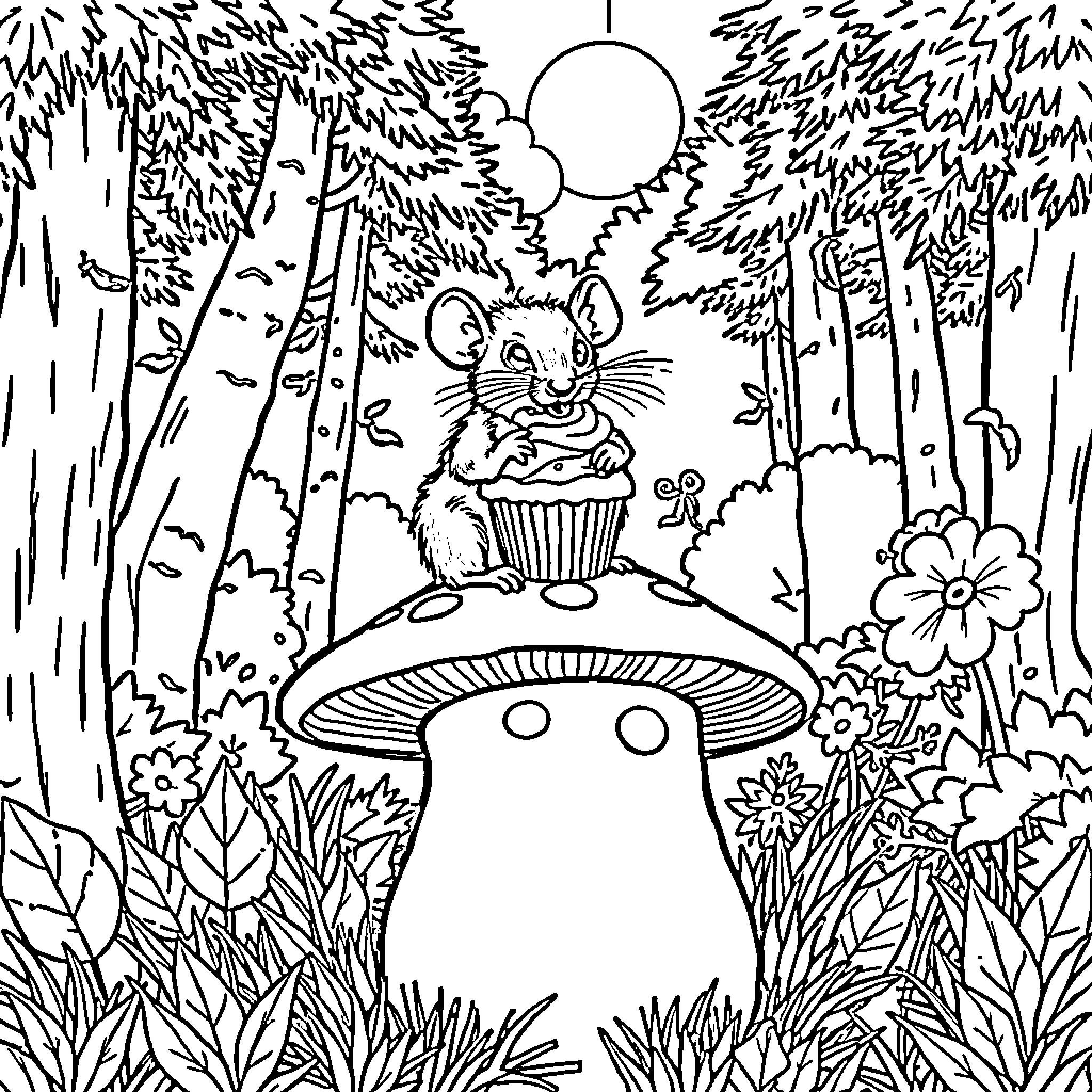 Rat enjoying a cupcake in a whimsical forest Coloring Page (free black-and-white line drawing printable PDF for all, from beginners to advanced learners, including children, teens, adults, and seniors)