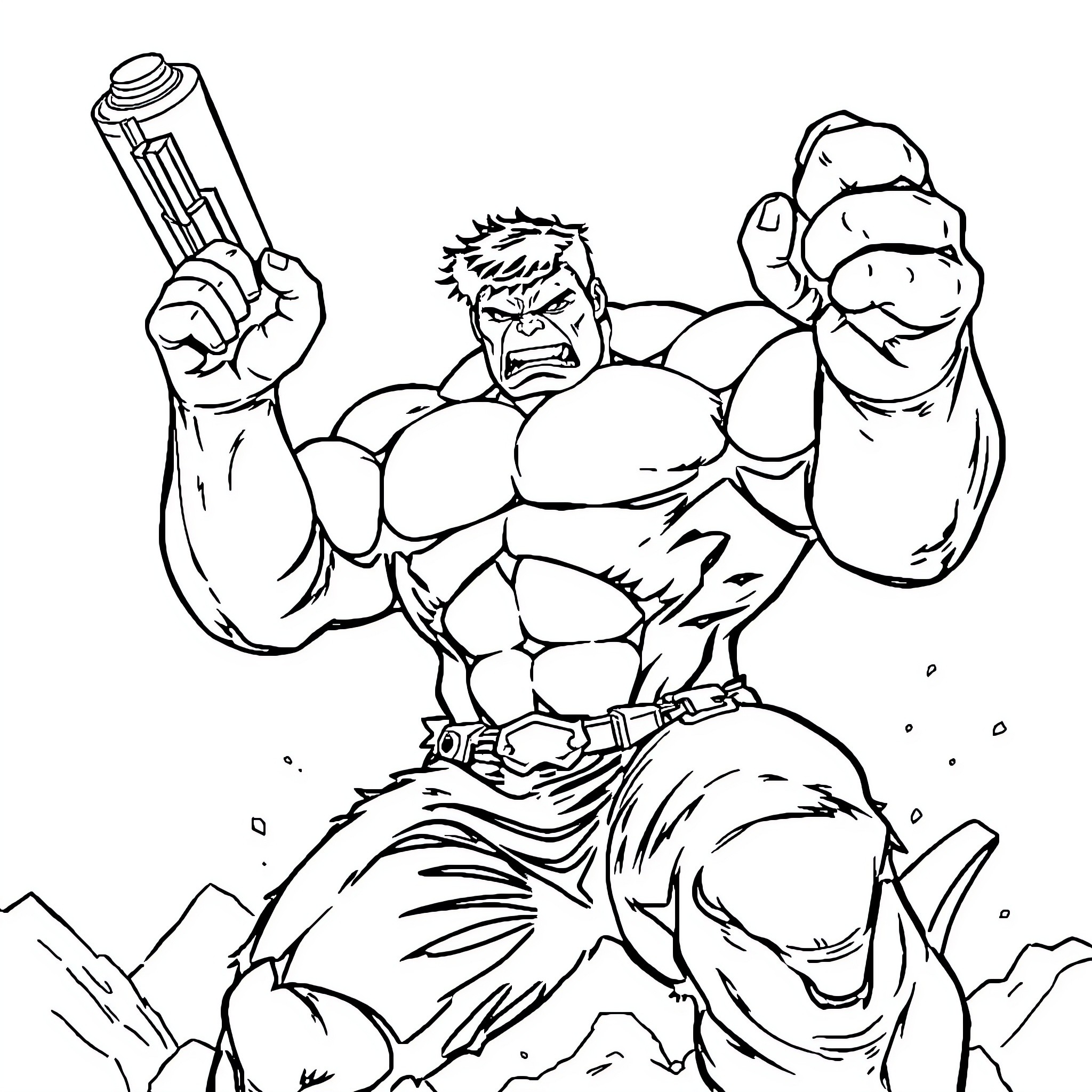 Hulk charging with a weapon in a fierce expression Coloring Page (free black-and-white line drawing printable PDF for all, from beginners to advanced learners, including children, teens, adults, and seniors)