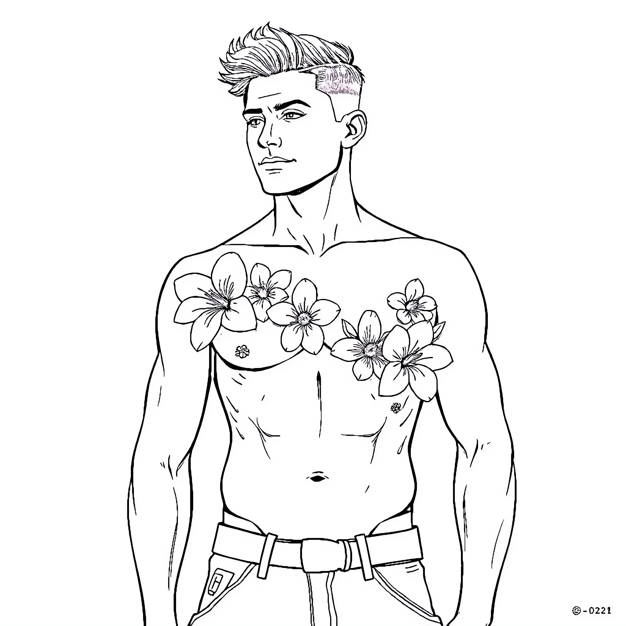 Man with floral tattoos on his upper body Coloring Page (free black-and-white line drawing printable PDF for all, from beginners to advanced learners, including children, teens, adults, and seniors)