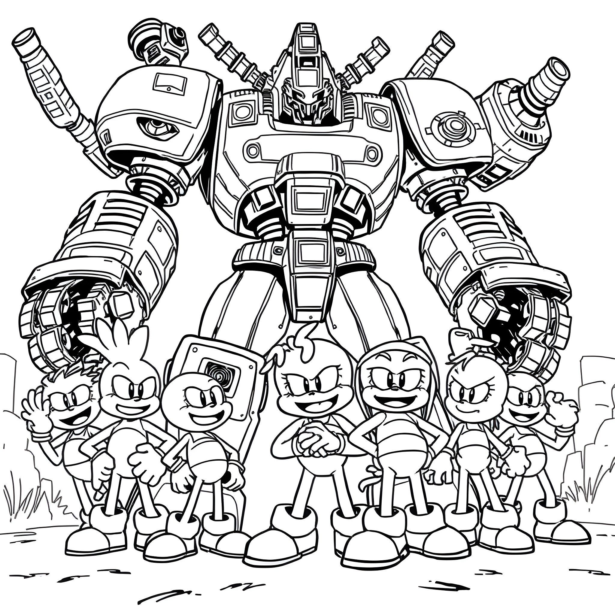 Sonic and the Robotic Friends in Action Coloring Page (free black-and-white line drawing printable PDF for all, from beginners to advanced learners, including children, teens, adults, and seniors)