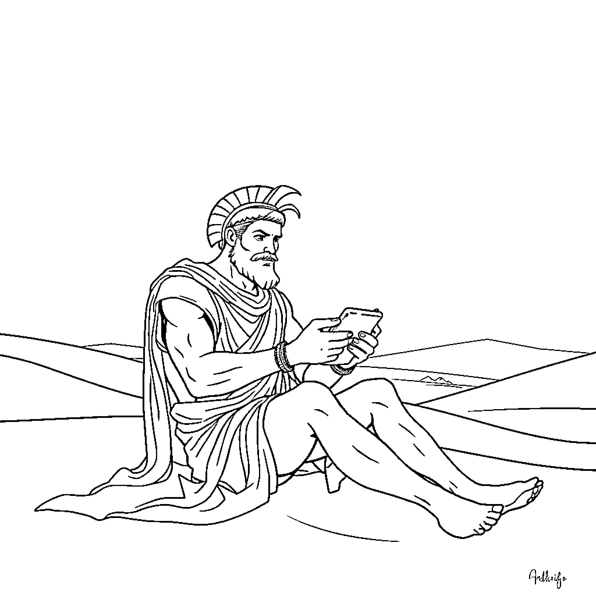 Achilles in deep contemplation on the battlefield Coloring Page (free black-and-white line drawing printable PDF for all, from beginners to advanced learners, including children, teens, adults, and seniors)