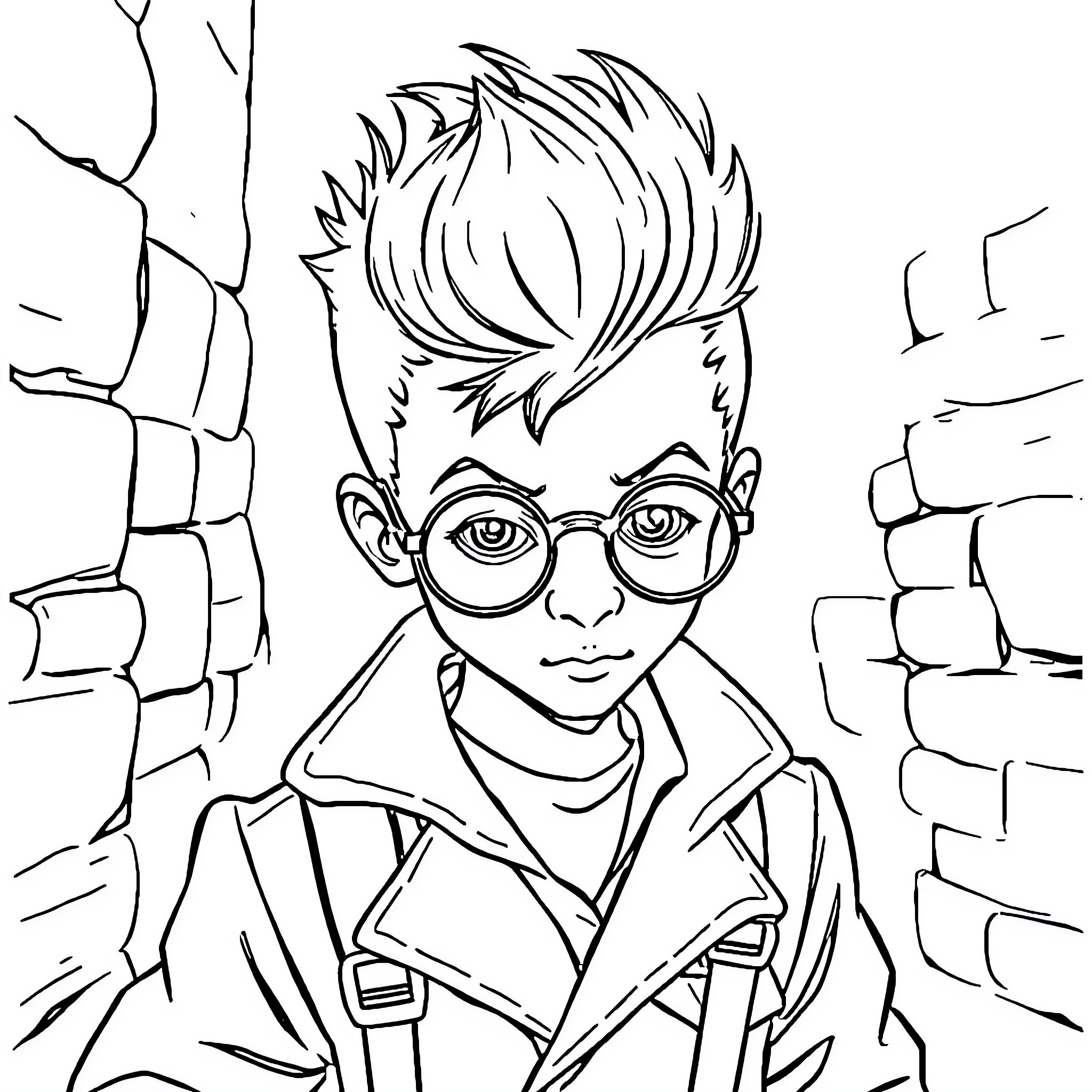 Boy Exploring the Mysterious Ruins Coloring Page (free black-and-white line drawing printable PDF for all, from beginners to advanced learners, including children, teens, adults, and seniors)