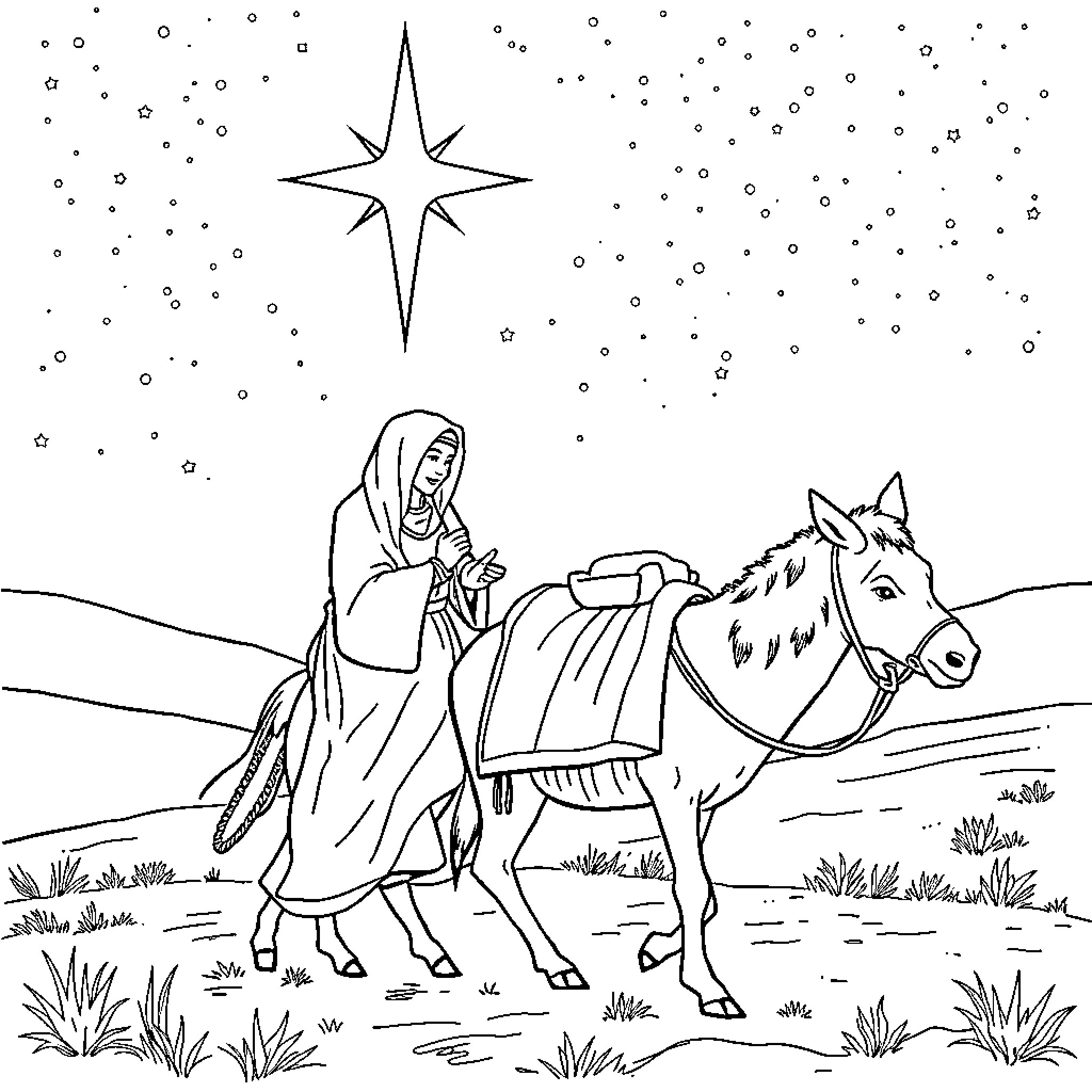 Donkey carrying a hooded figure through starry night Coloring Page (free black-and-white line drawing printable PDF for all, from beginners to advanced learners, including children, teens, adults, and seniors)