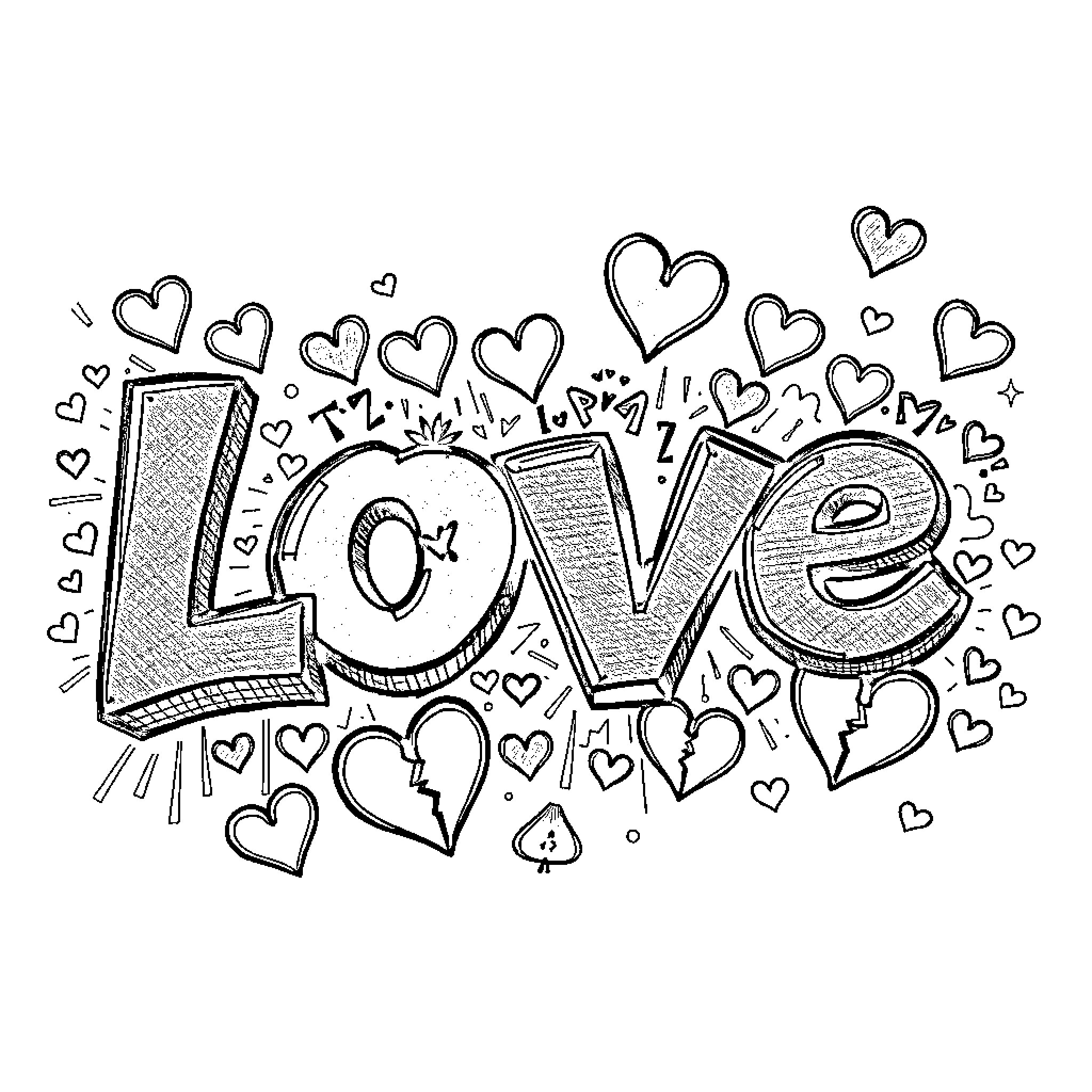 Love expressed through hearts and doodles Coloring Page (free black-and-white line drawing printable PDF for all, from beginners to advanced learners, including children, teens, adults, and seniors)