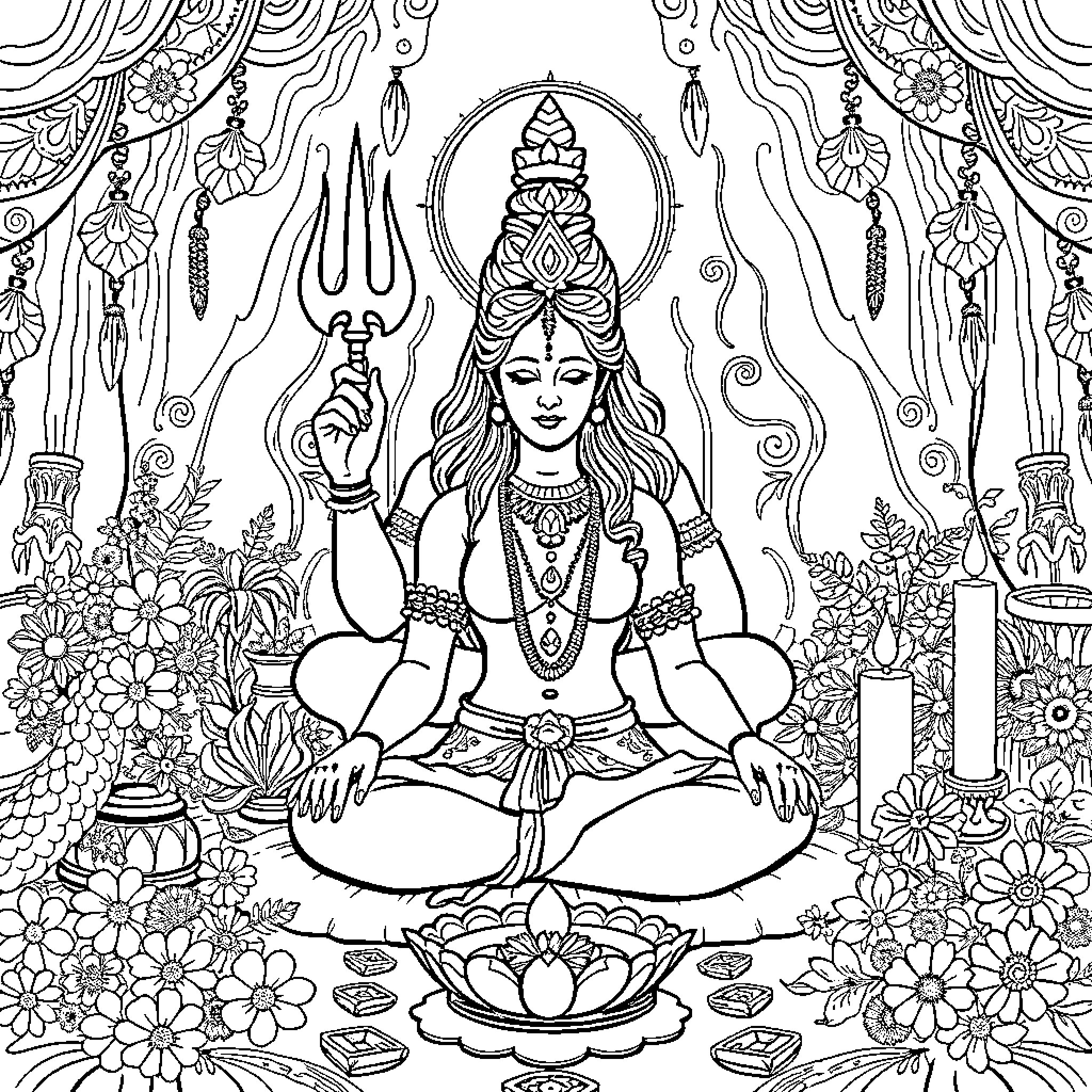 Lady in Lotus Pose with Decorative Elements Coloring Page (free black-and-white line drawing printable PDF for all, from beginners to advanced learners, including children, teens, adults, and seniors)