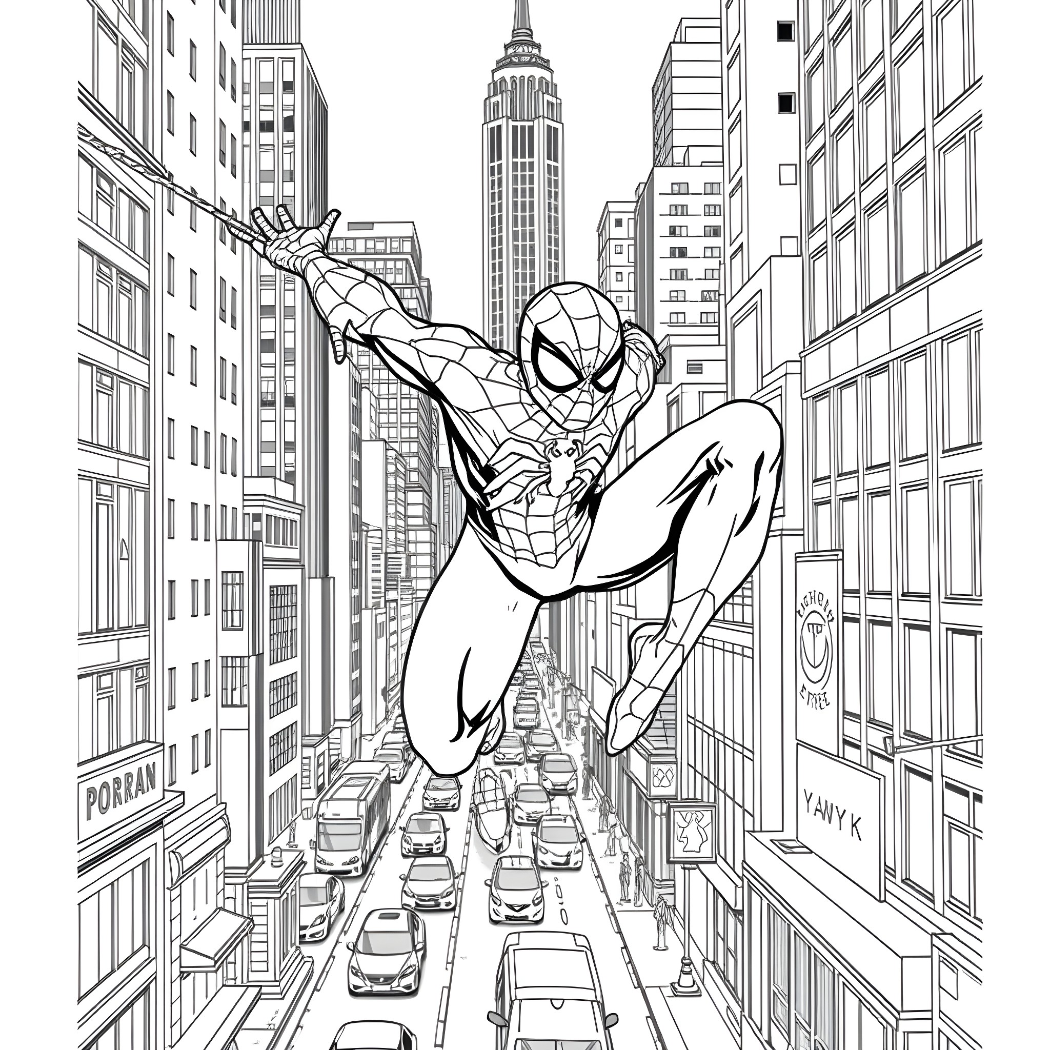 Spiderman swinging through the city skyline Coloring Page (free black-and-white line drawing printable PDF for all, from beginners to advanced learners, including children, teens, adults, and seniors)