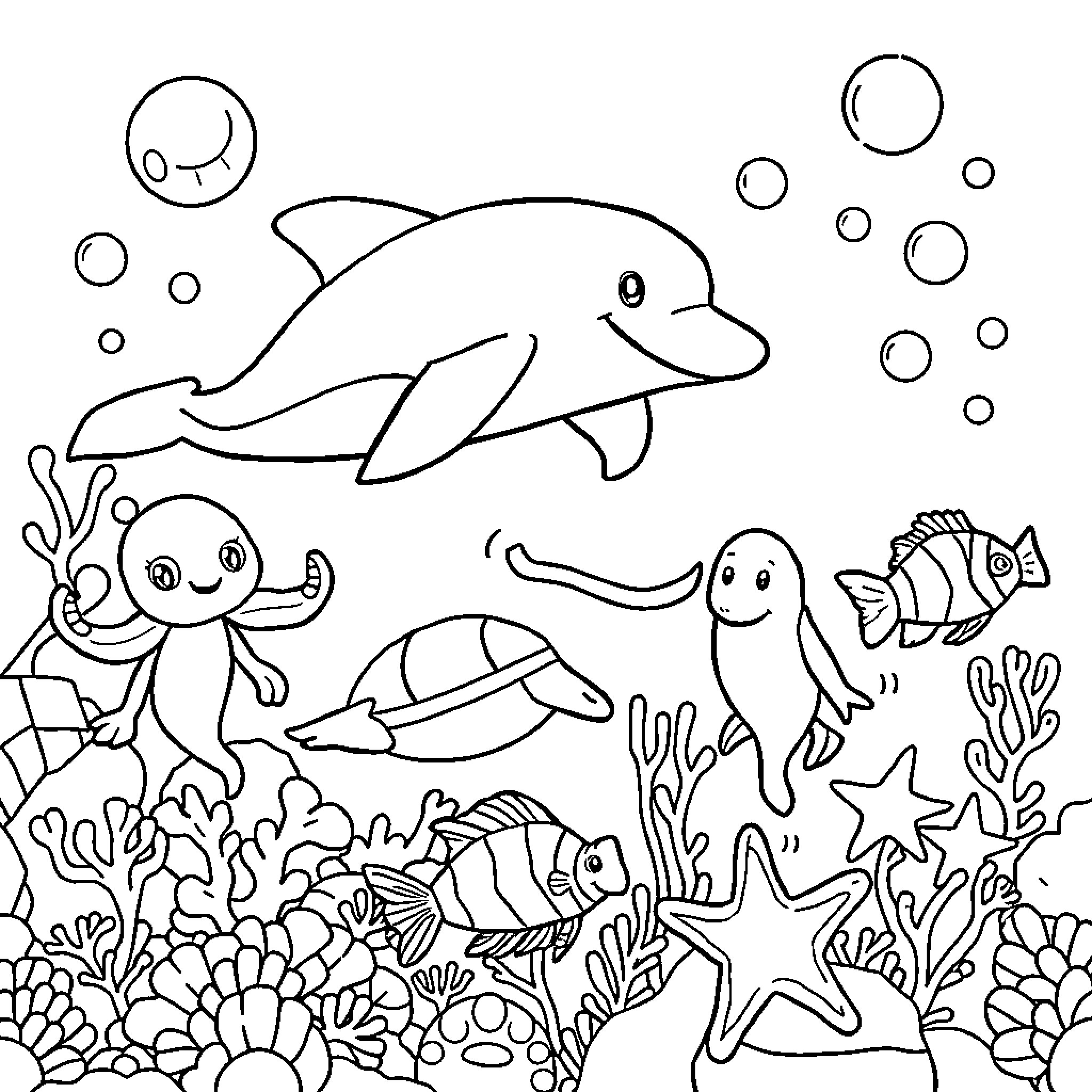 Ocean Animal Playing in the Underwater Coral Reef Coloring Page (free black-and-white line drawing printable PDF for all, from beginners to advanced learners, including children, teens, adults, and seniors)