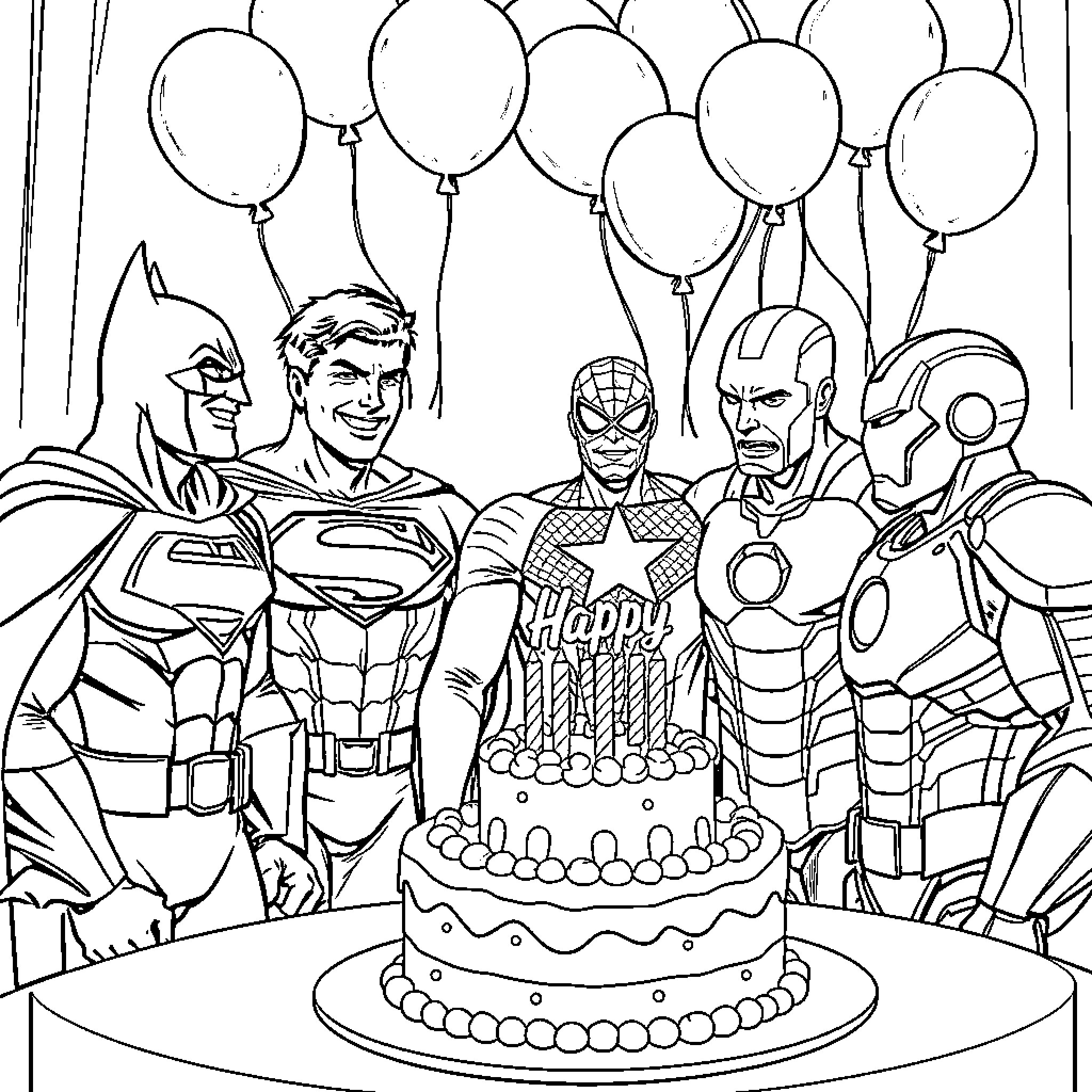 Superhero Friends Celebrate Birthday Together Coloring Page (free black-and-white line drawing printable PDF for all, from beginners to advanced learners, including children, teens, adults, and seniors)