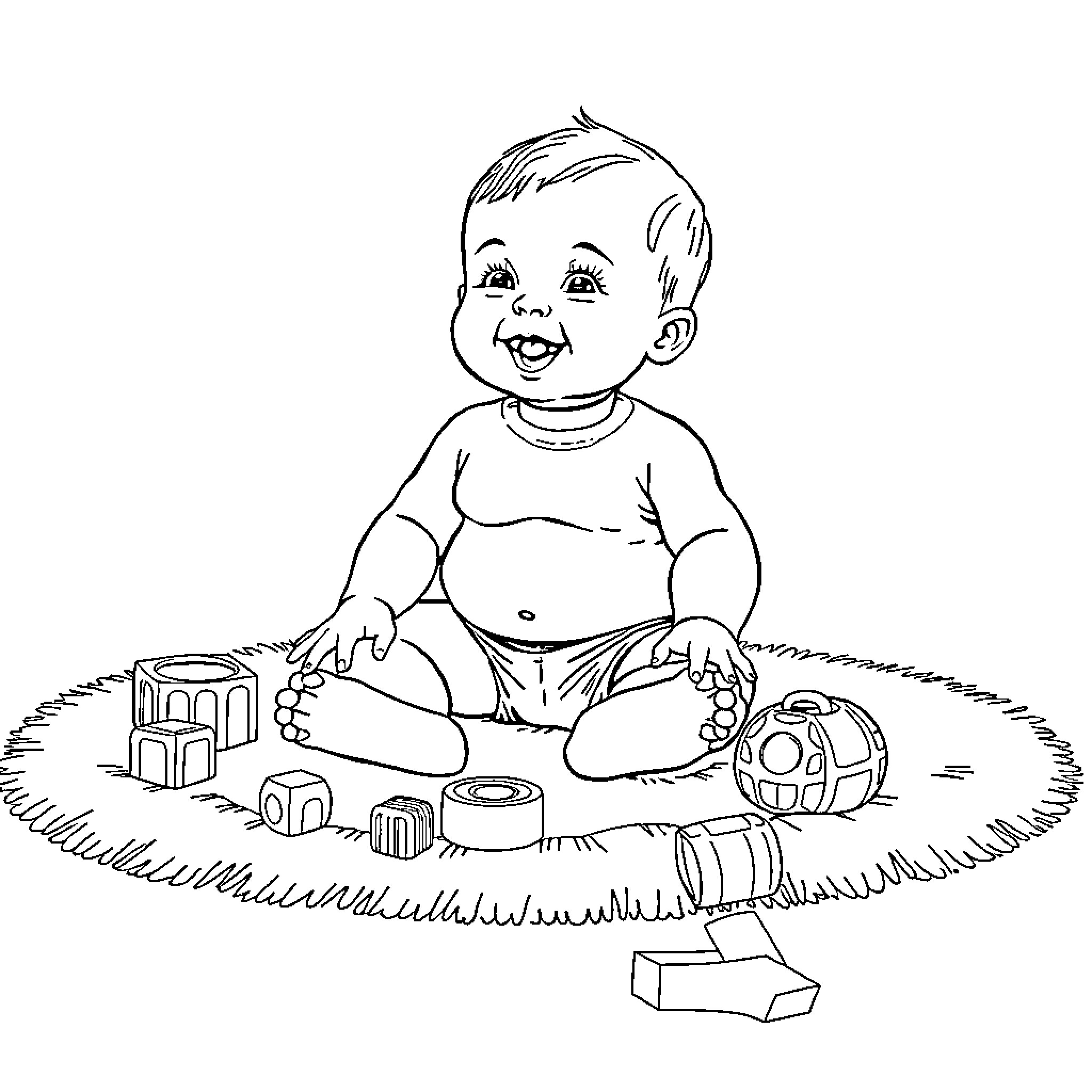 Baby playing with toys on the grass Coloring Page (free black-and-white line drawing printable PDF for all, from beginners to advanced learners, including children, teens, adults, and seniors)