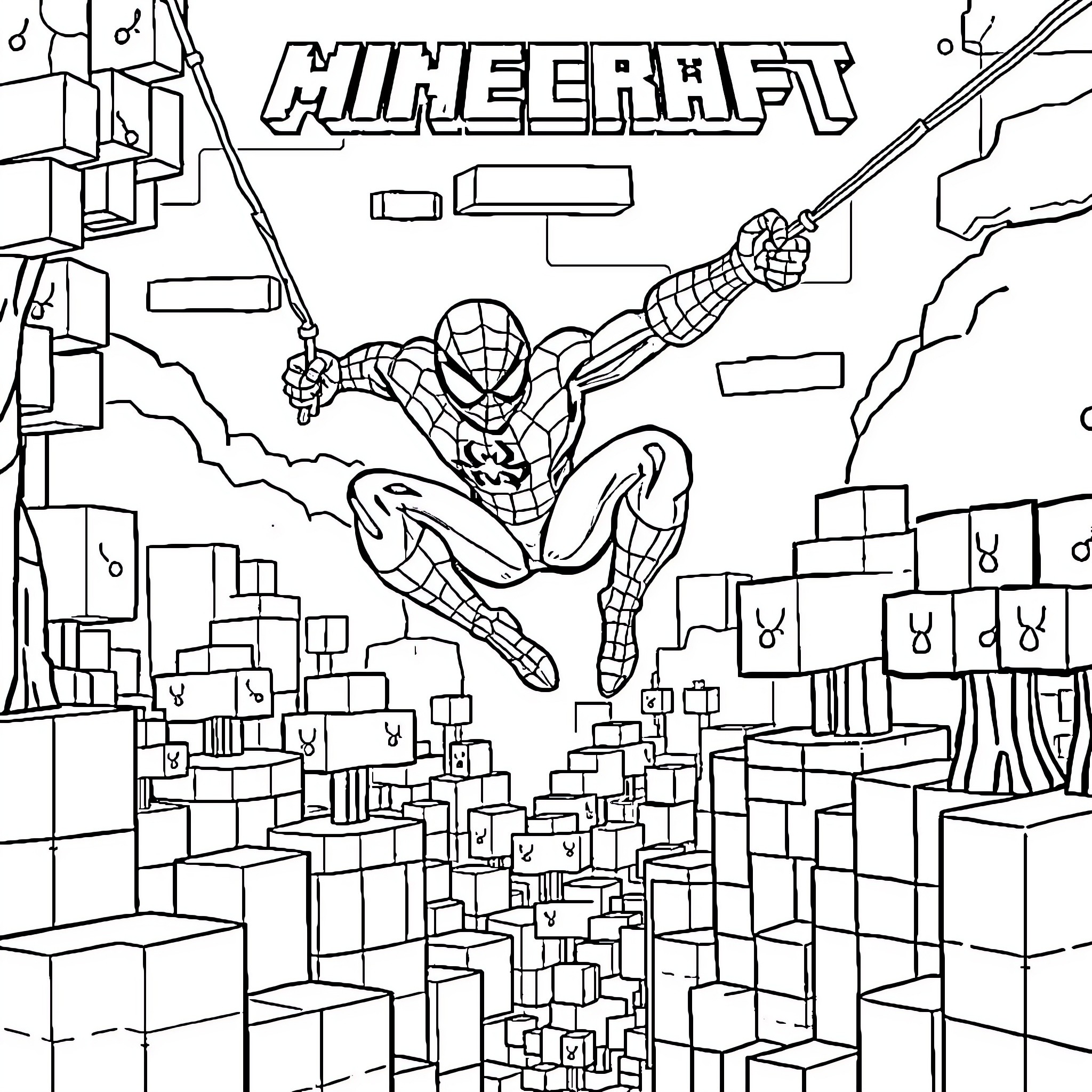 Spiderman swinging through the Minecraft world Coloring Page (free black-and-white line drawing printable PDF for all, from beginners to advanced learners, including children, teens, adults, and seniors)
