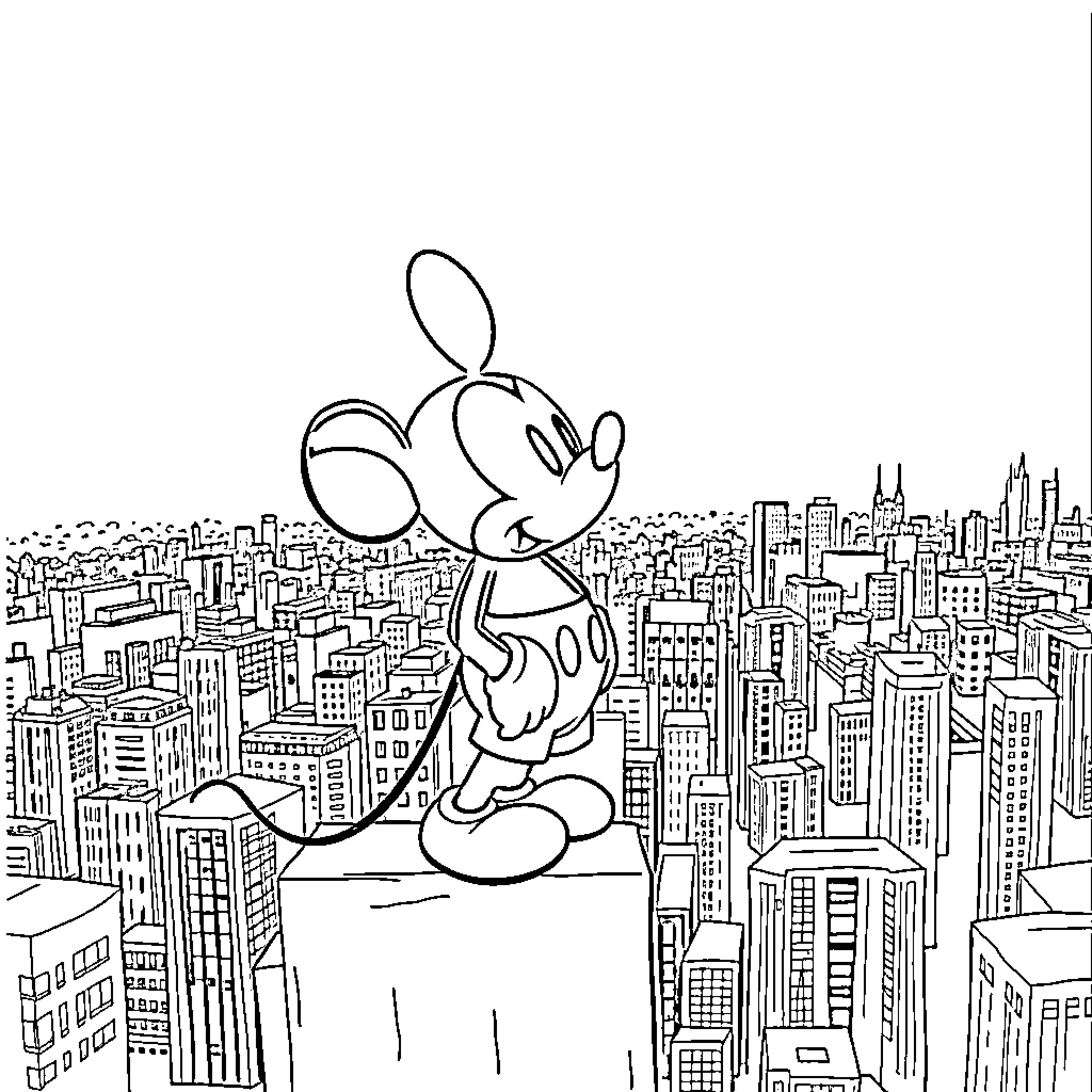 Mickey Mouse exploring the cityscape Coloring Page (free black-and-white line drawing printable PDF for all, from beginners to advanced learners, including children, teens, adults, and seniors)