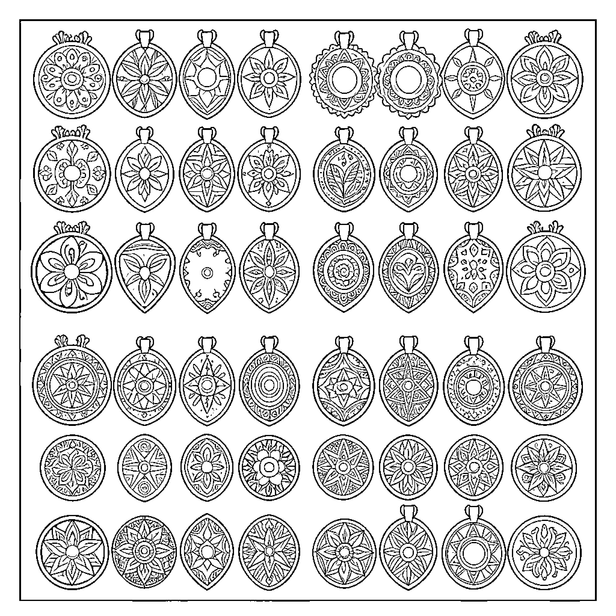 Rakhi decorative ornaments with intricate mandala patterns Coloring Page (free black-and-white line drawing printable PDF for all, from beginners to advanced learners, including children, teens, adults, and seniors)