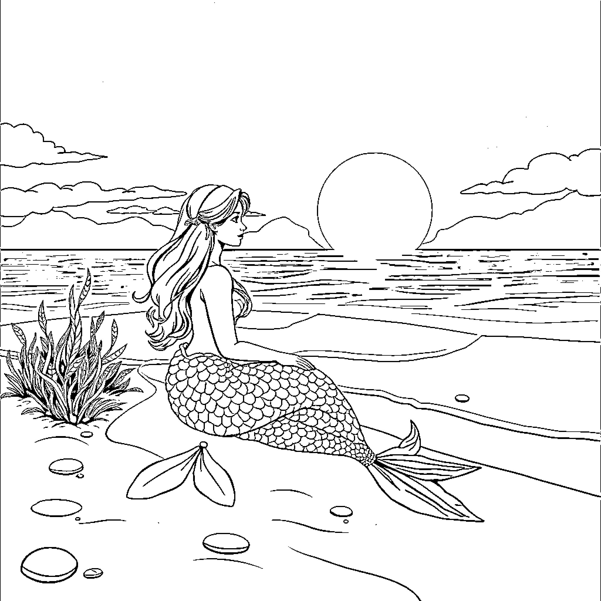 Mermaid gazing at the sunset on the shore Coloring Page (free black-and-white line drawing printable PDF for all, from beginners to advanced learners, including children, teens, adults, and seniors)