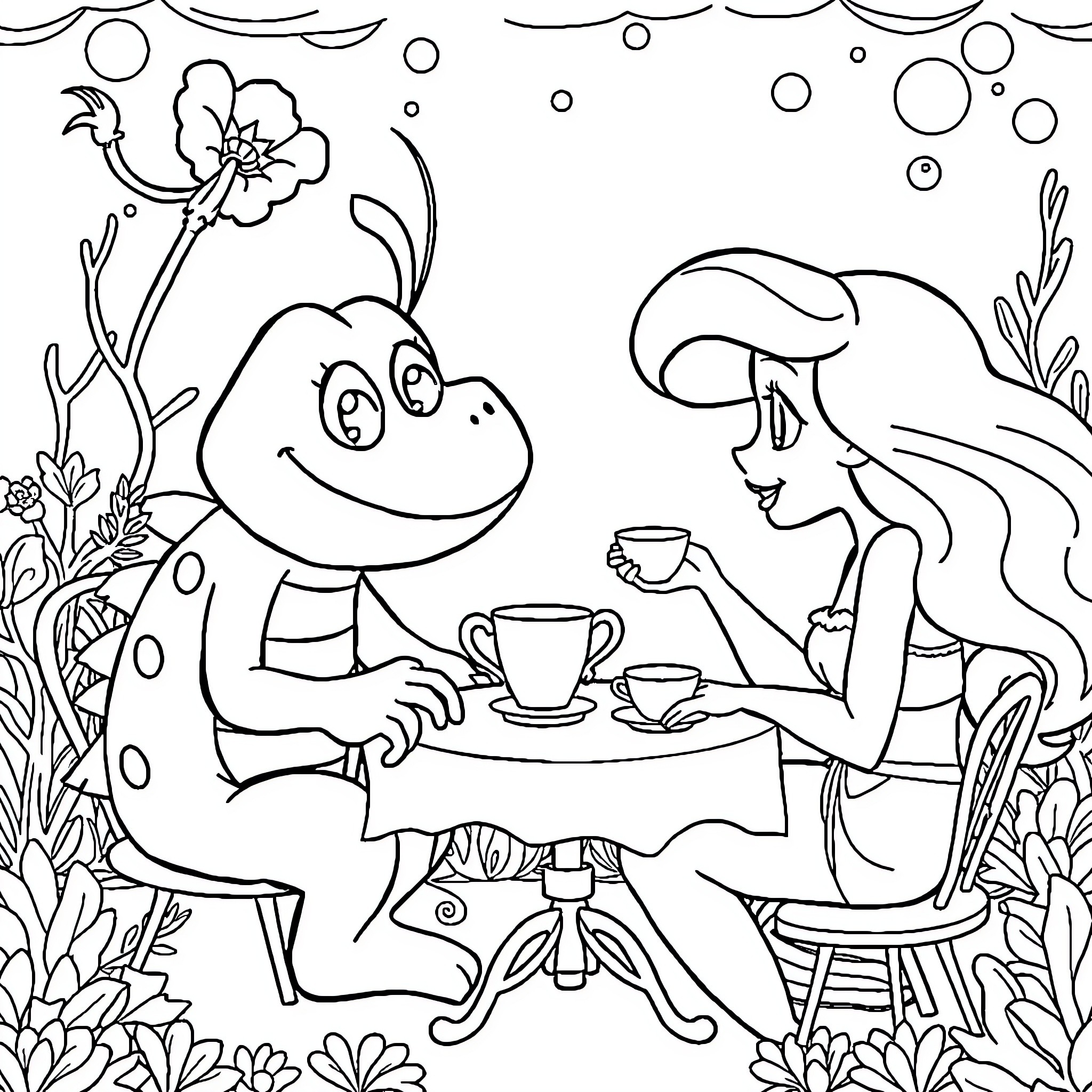 Grogu's tea time adventure with a friend Coloring Page (free black-and-white line drawing printable PDF for all, from beginners to advanced learners, including children, teens, adults, and seniors)