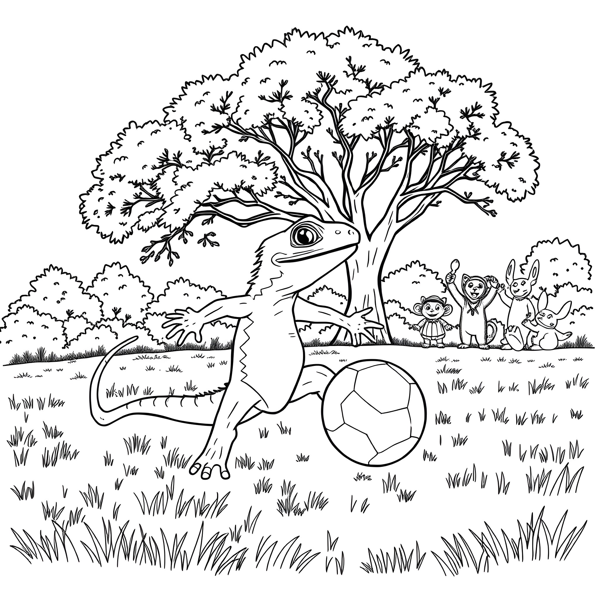 Lizard playing with friends in the park Coloring Page (free black-and-white line drawing printable PDF for all, from beginners to advanced learners, including children, teens, adults, and seniors)