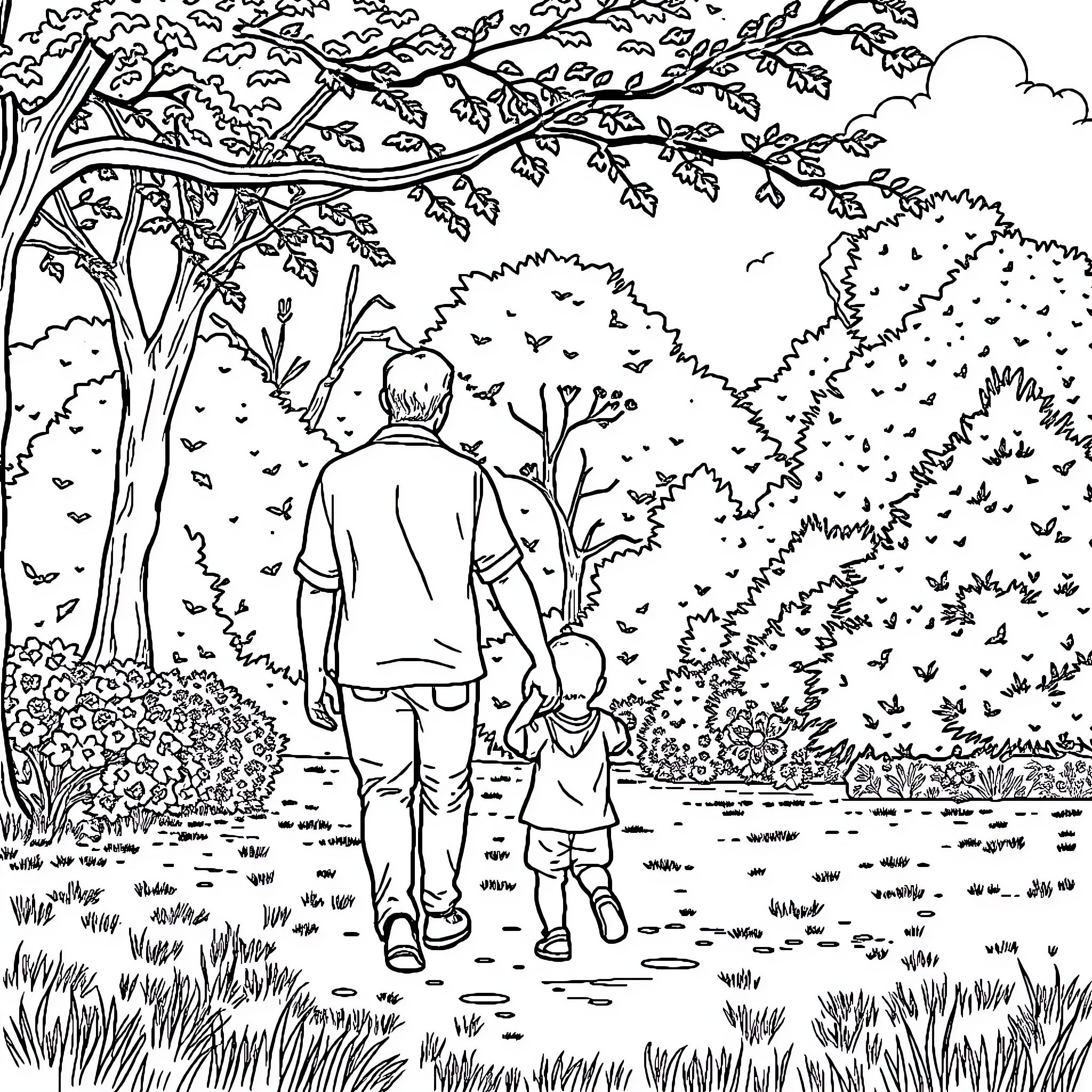 Father and child walking together in the park Coloring Page (free black-and-white line drawing printable PDF for all, from beginners to advanced learners, including children, teens, adults, and seniors)