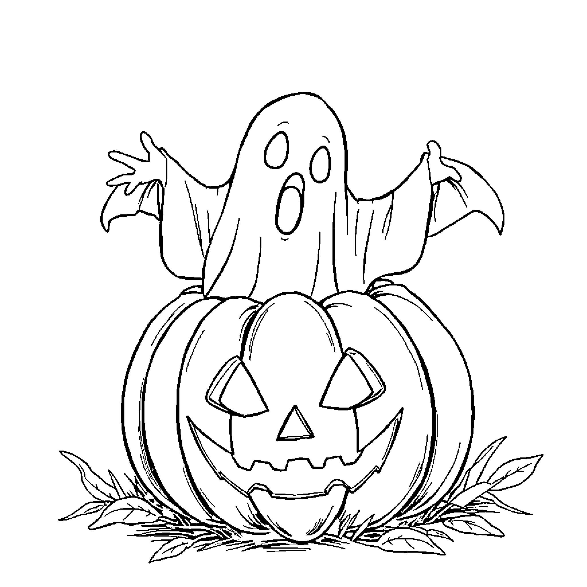 Ghost appearing from a Jack-o'-lantern Coloring Page (free black-and-white line drawing printable PDF for all, from beginners to advanced learners, including children, teens, adults, and seniors)
