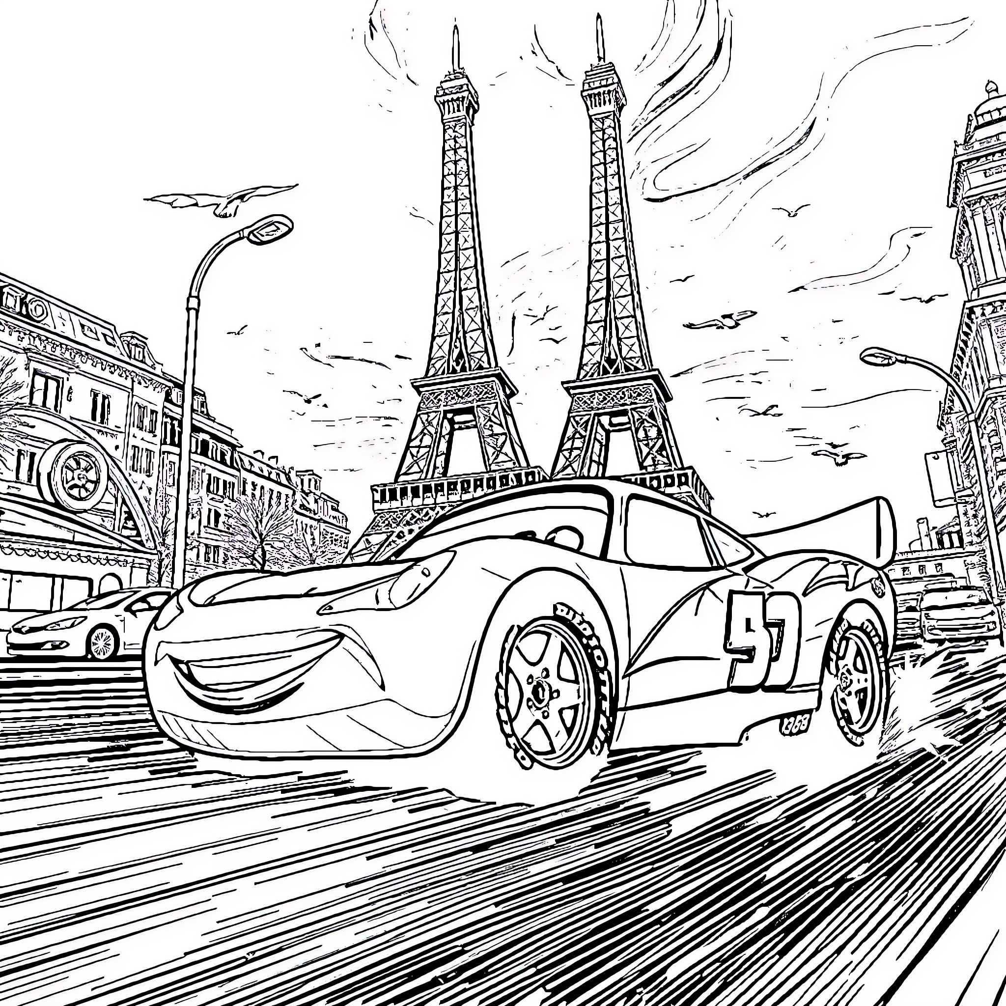 Flash McQueen explores the streets of Paris Coloring Page (free black-and-white line drawing printable PDF for all, from beginners to advanced learners, including children, teens, adults, and seniors)