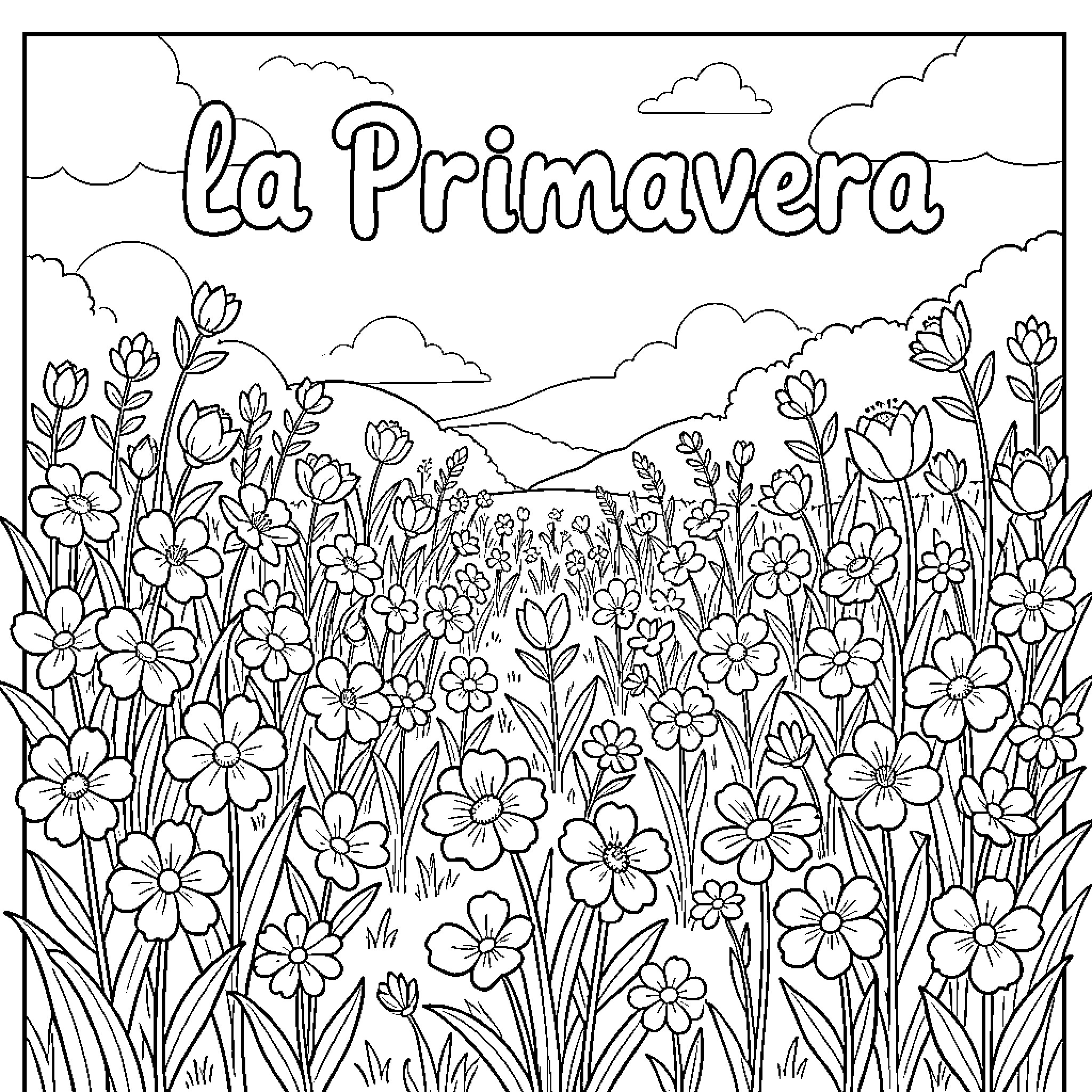 Spring flowers blooming in a beautiful meadow Coloring Page (free black-and-white line drawing printable PDF for all, from beginners to advanced learners, including children, teens, adults, and seniors)