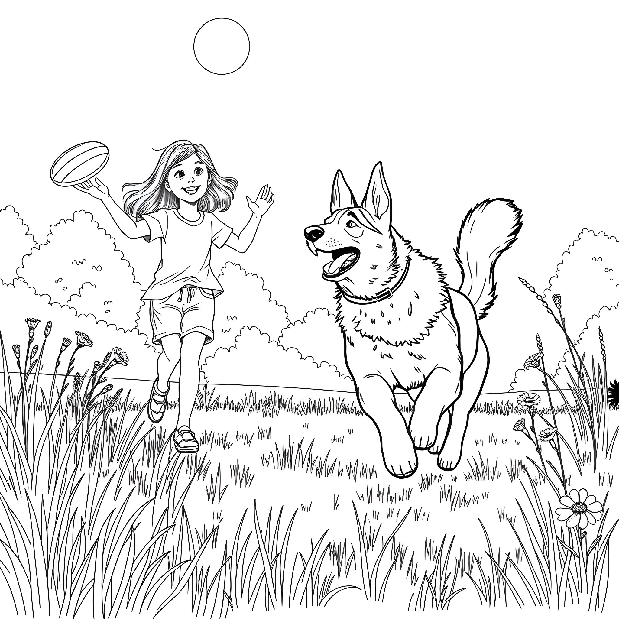 Girl playing joyfully with dog in the meadow Coloring Page (free black-and-white line drawing printable PDF for all, from beginners to advanced learners, including children, teens, adults, and seniors)