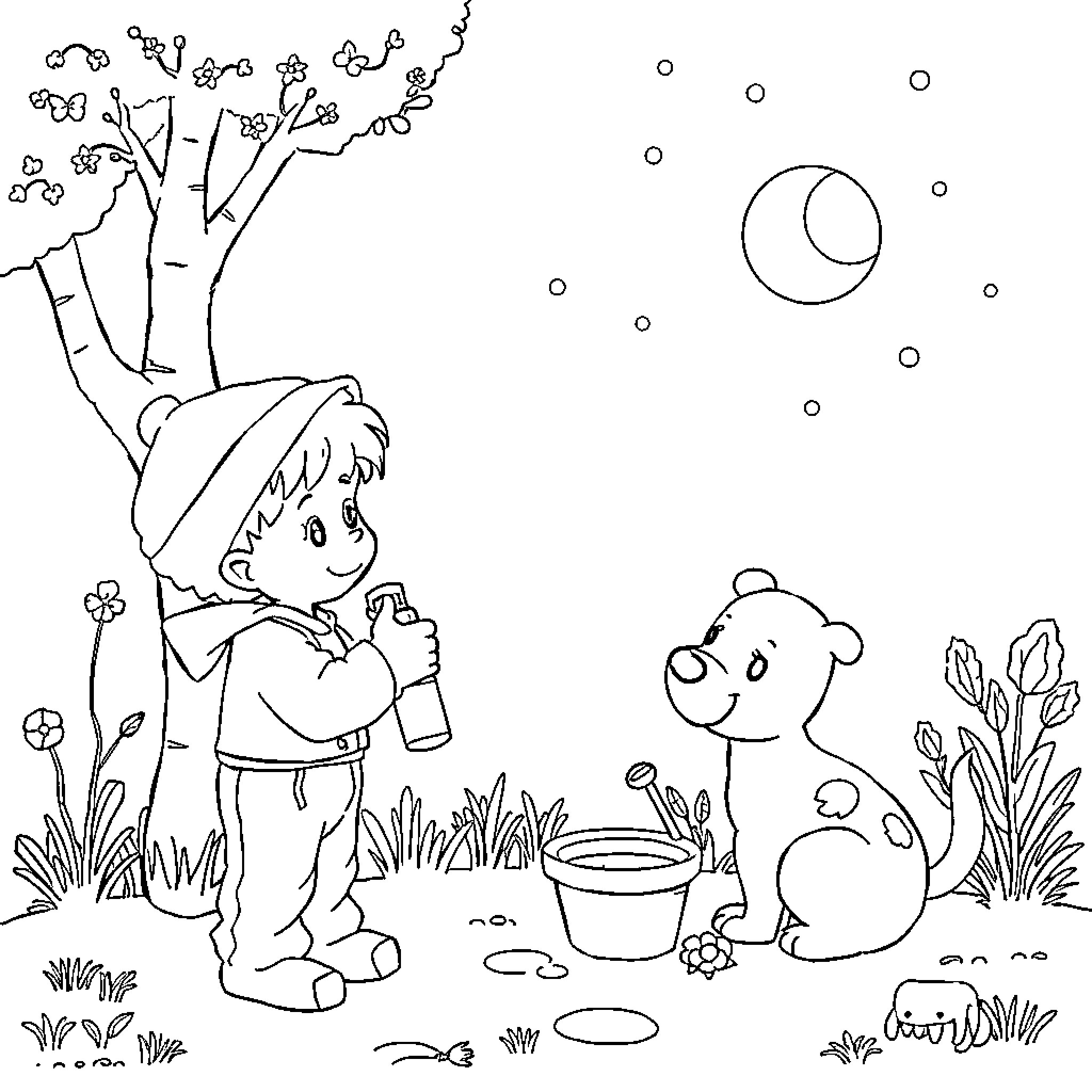 Wally enjoying a night under the stars with his furry friend Coloring Page (free black-and-white line drawing printable PDF for all, from beginners to advanced learners, including children, teens, adults, and seniors)