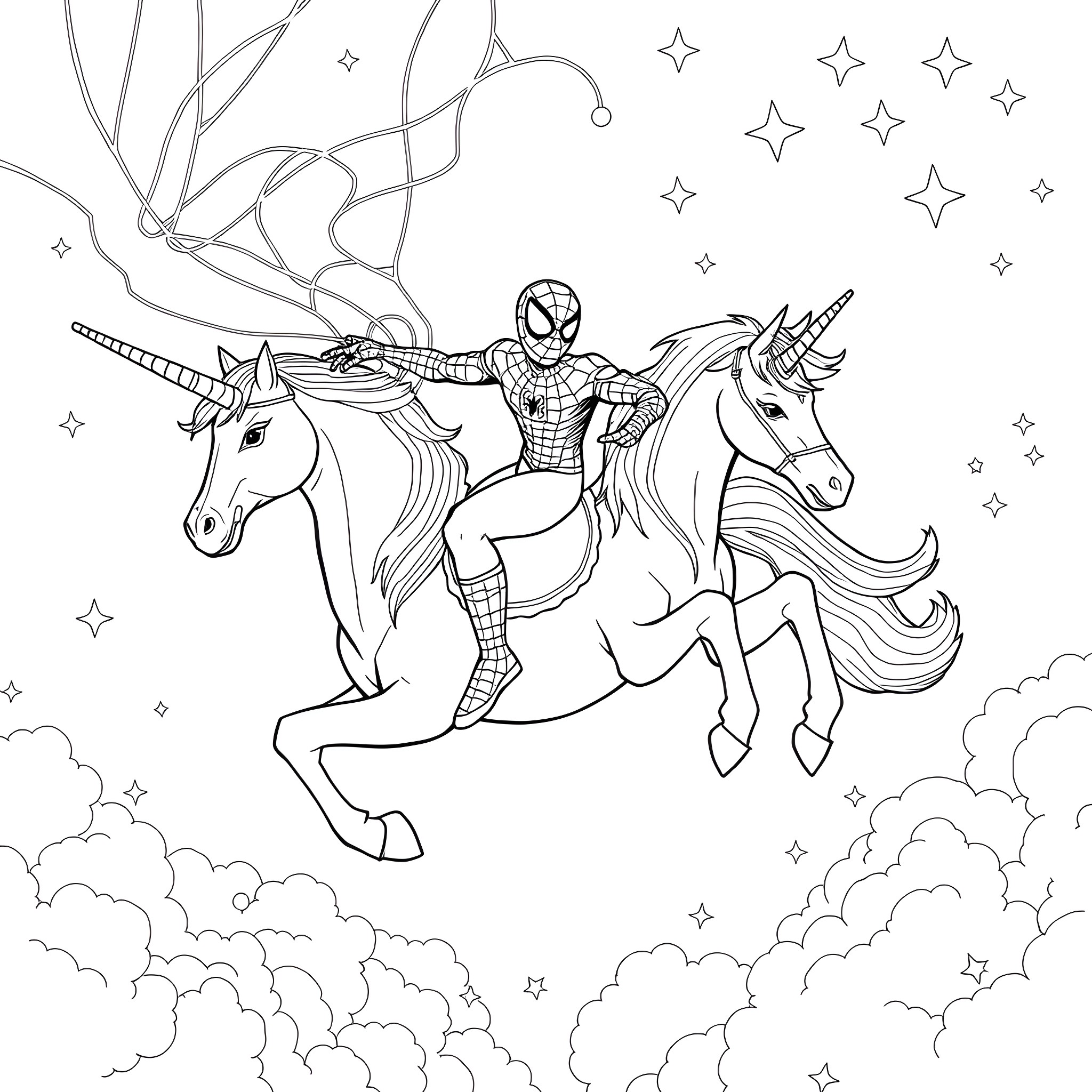 Spider-Man riding a unicorn in a magical night sky Coloring Page (free black-and-white line drawing printable PDF for all, from beginners to advanced learners, including children, teens, adults, and seniors)