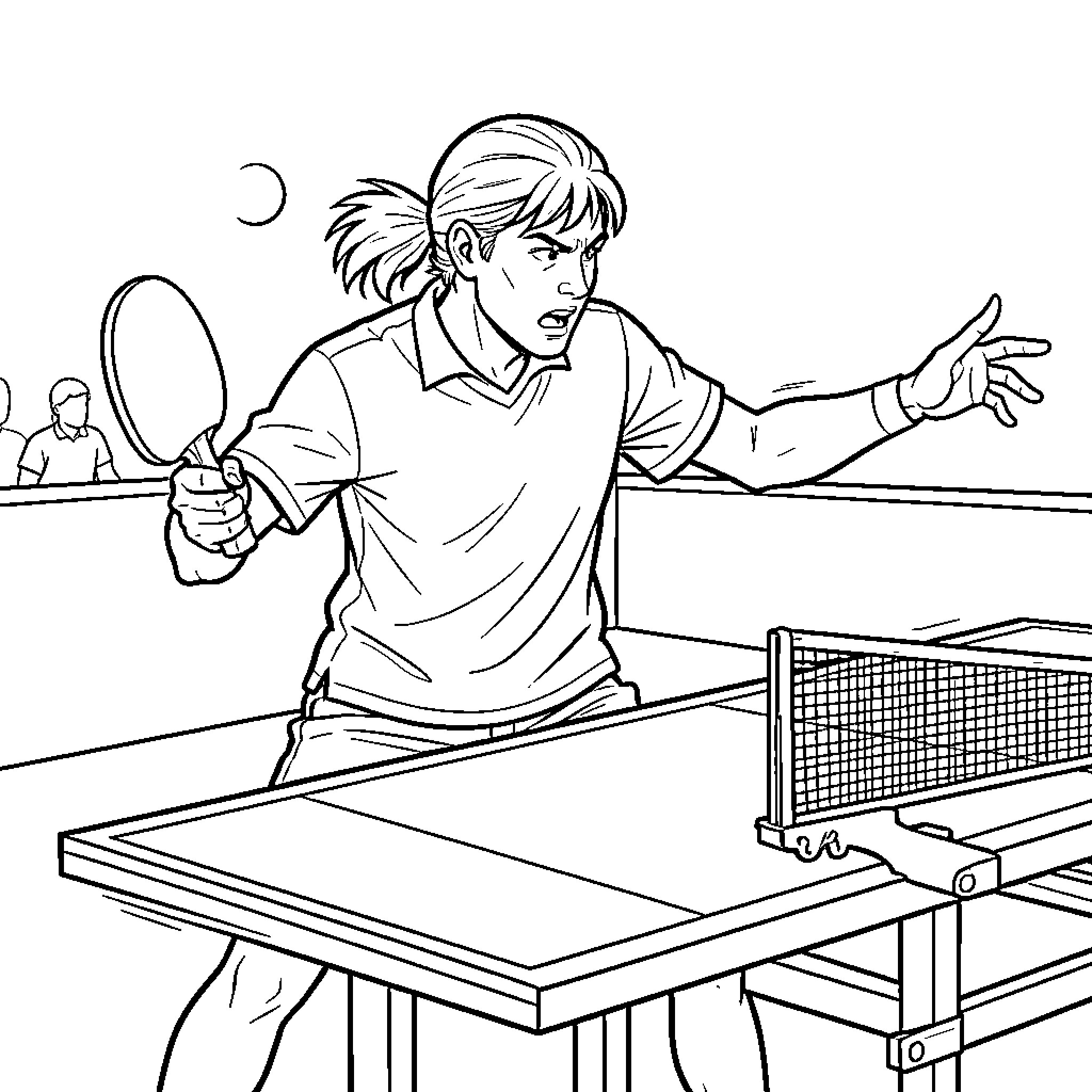 Table Tennis Player Competing in an Intense Match Coloring Page (free black-and-white line drawing printable PDF for all, from beginners to advanced learners, including children, teens, adults, and seniors)
