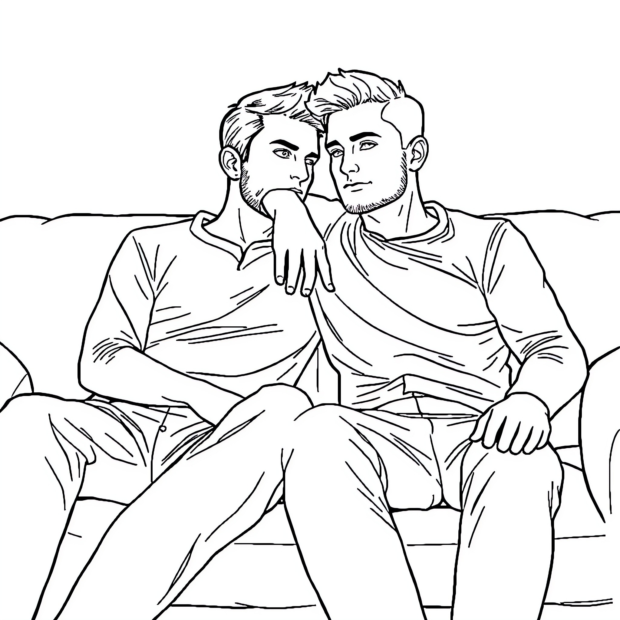 Homme Embracing Intimately on Couch Coloring Page (free black-and-white line drawing printable PDF for all, from beginners to advanced learners, including children, teens, adults, and seniors)