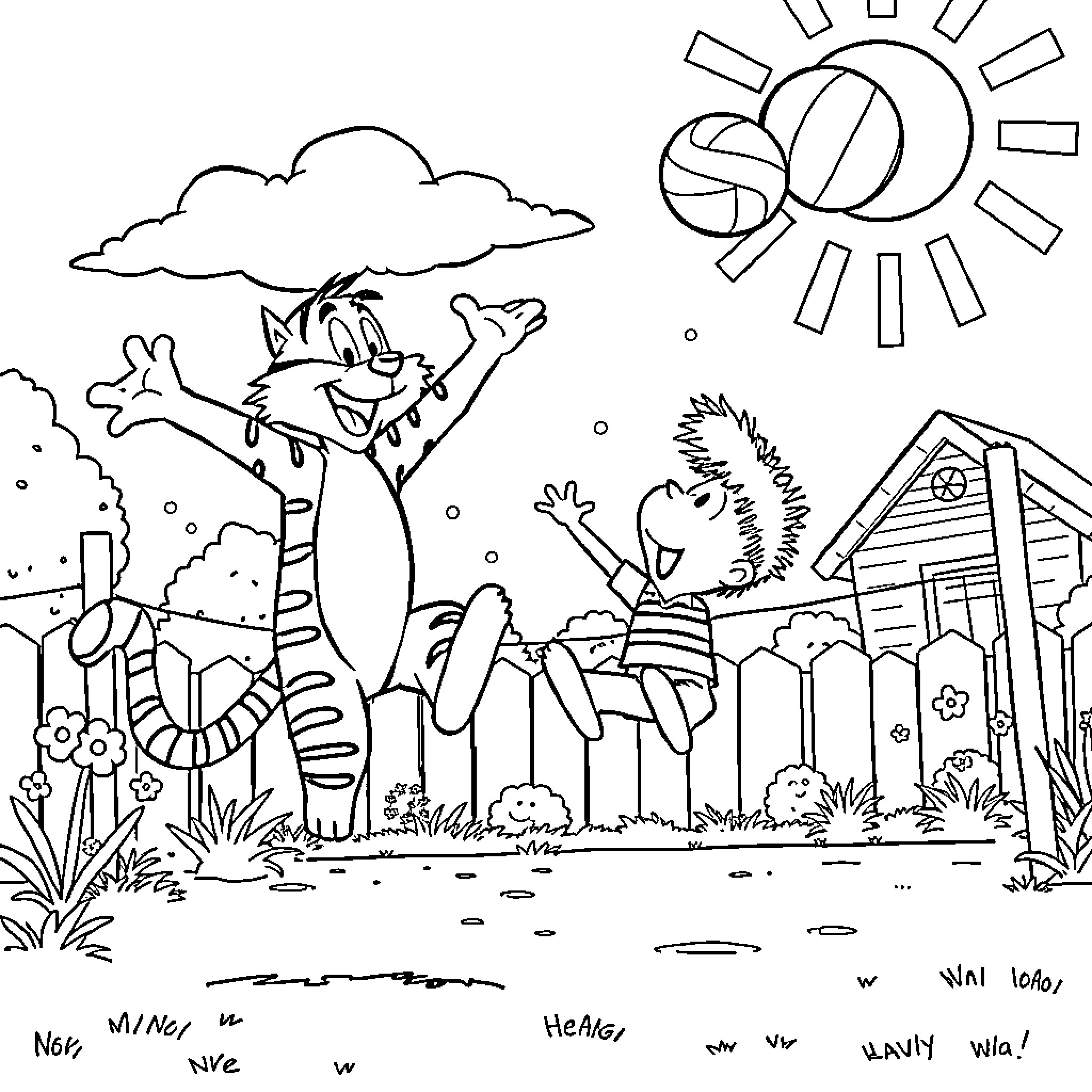 Calvin and Hobbes playing in the backyard Coloring Page (free black-and-white line drawing printable PDF for all, from beginners to advanced learners, including children, teens, adults, and seniors)