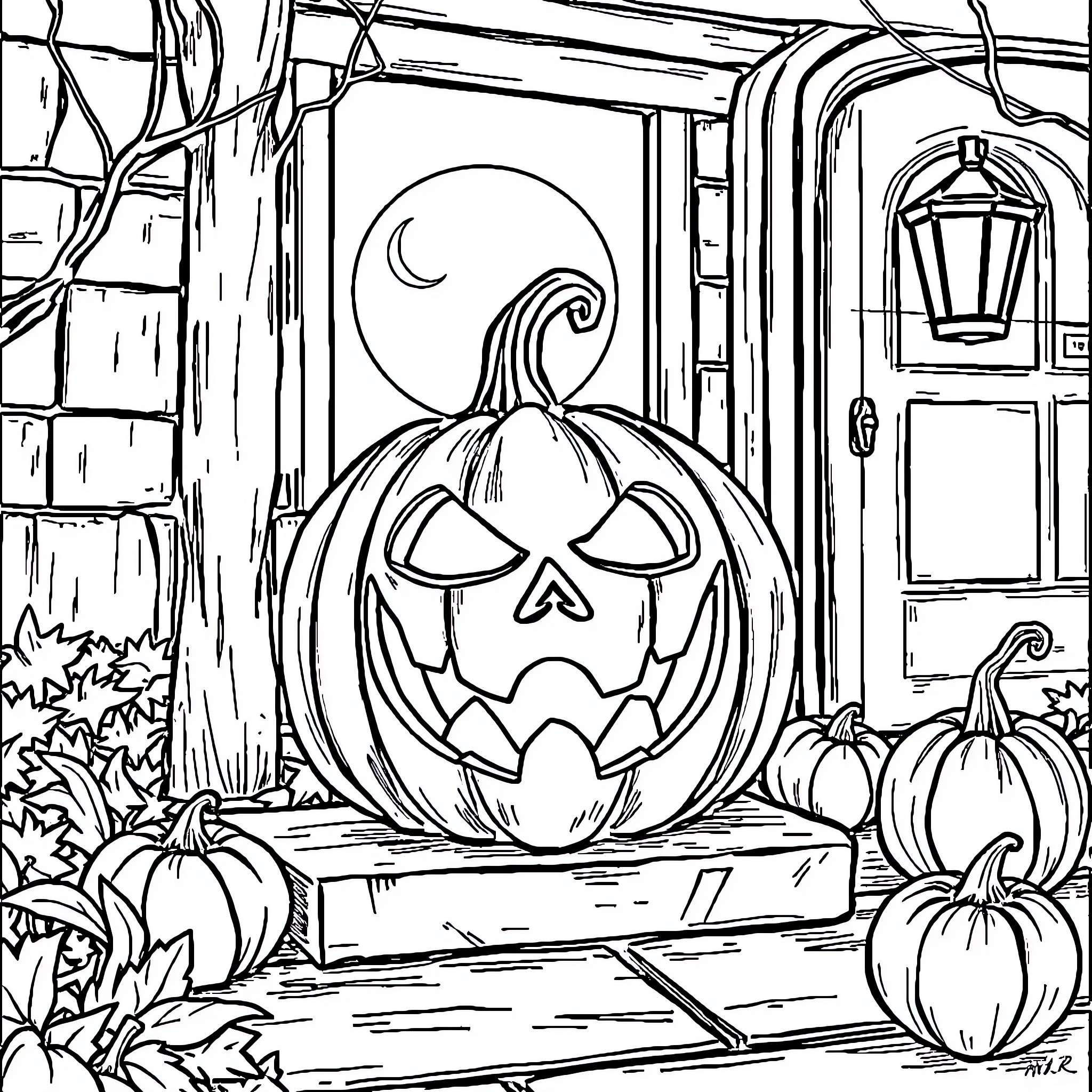 Jack O'Lantern with Eerie Glow in Haunted Porch Scene Coloring Page (free black-and-white line drawing printable PDF for all, from beginners to advanced learners, including children, teens, adults, and seniors)