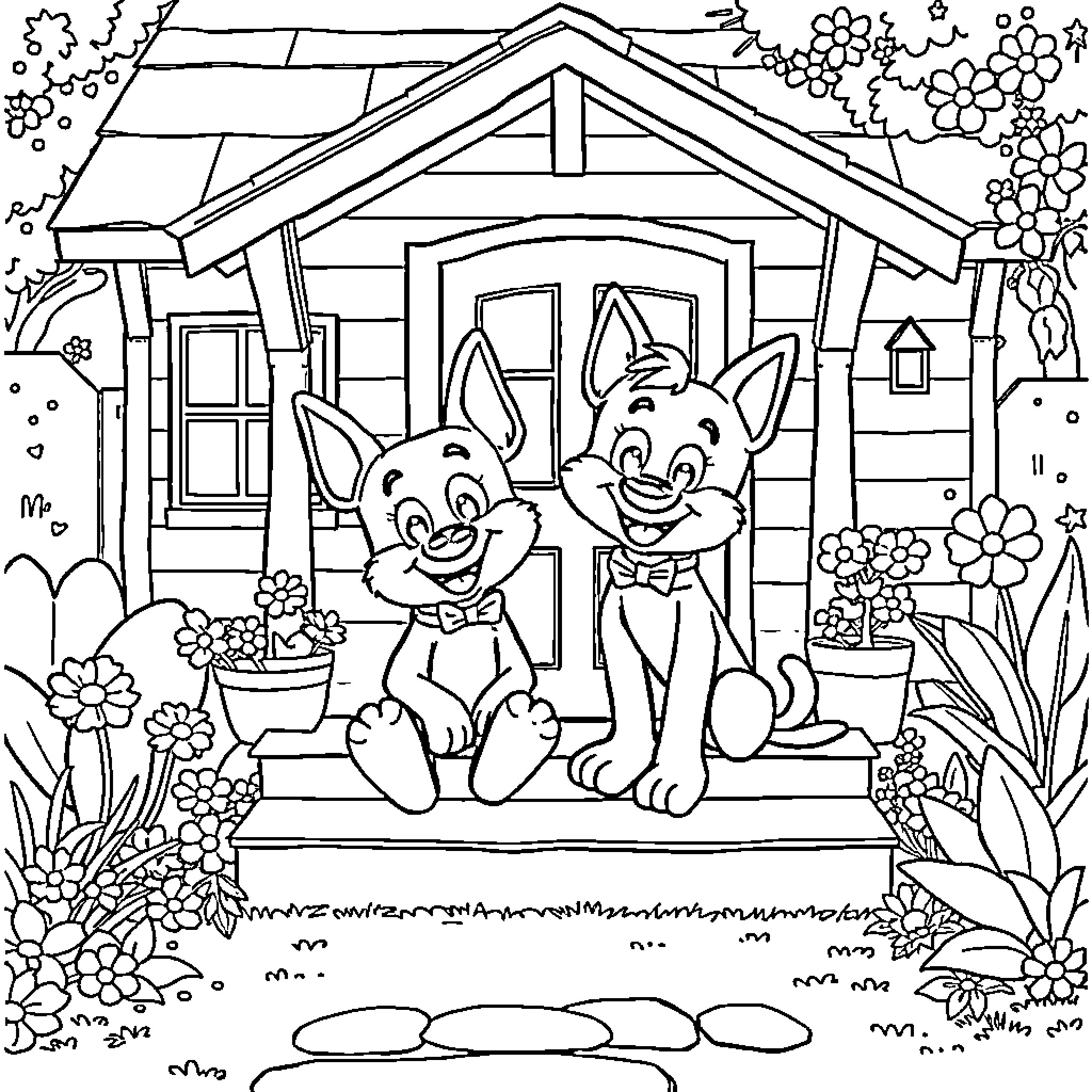 Bluey's Cozy Cottage Adventure Coloring Page (free black-and-white line drawing printable PDF for all, from beginners to advanced learners, including children, teens, adults, and seniors)
