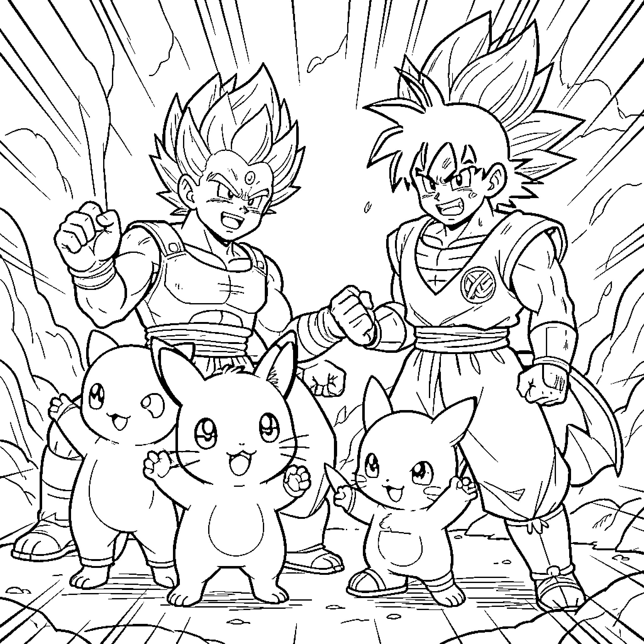 Pokémon characters posing heroically with powerful warriors Coloring Page (free black-and-white line drawing printable PDF for all, from beginners to advanced learners, including children, teens, adults, and seniors)