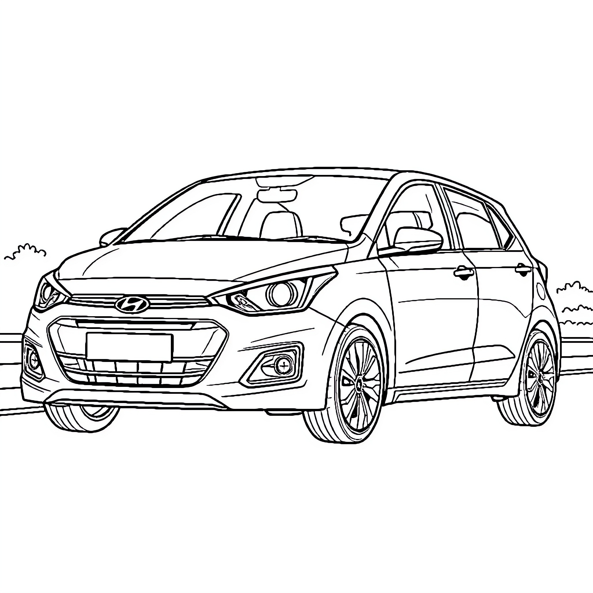 Hyundai i20n compact hatchback on the road Coloring Page (free black-and-white line drawing printable PDF for all, from beginners to advanced learners, including children, teens, adults, and seniors)