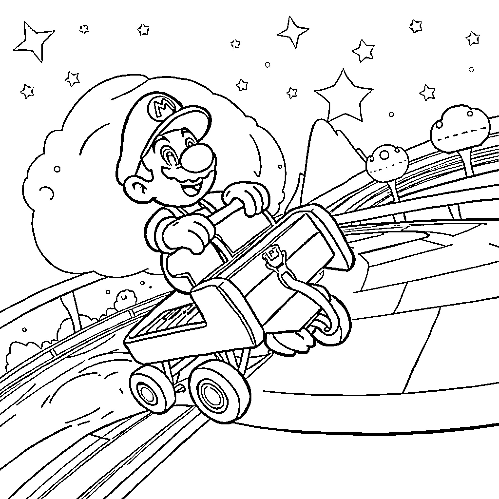 Mario riding a go-kart in a starry night scene Coloring Page (free black-and-white line drawing printable PDF for all, from beginners to advanced learners, including children, teens, adults, and seniors)
