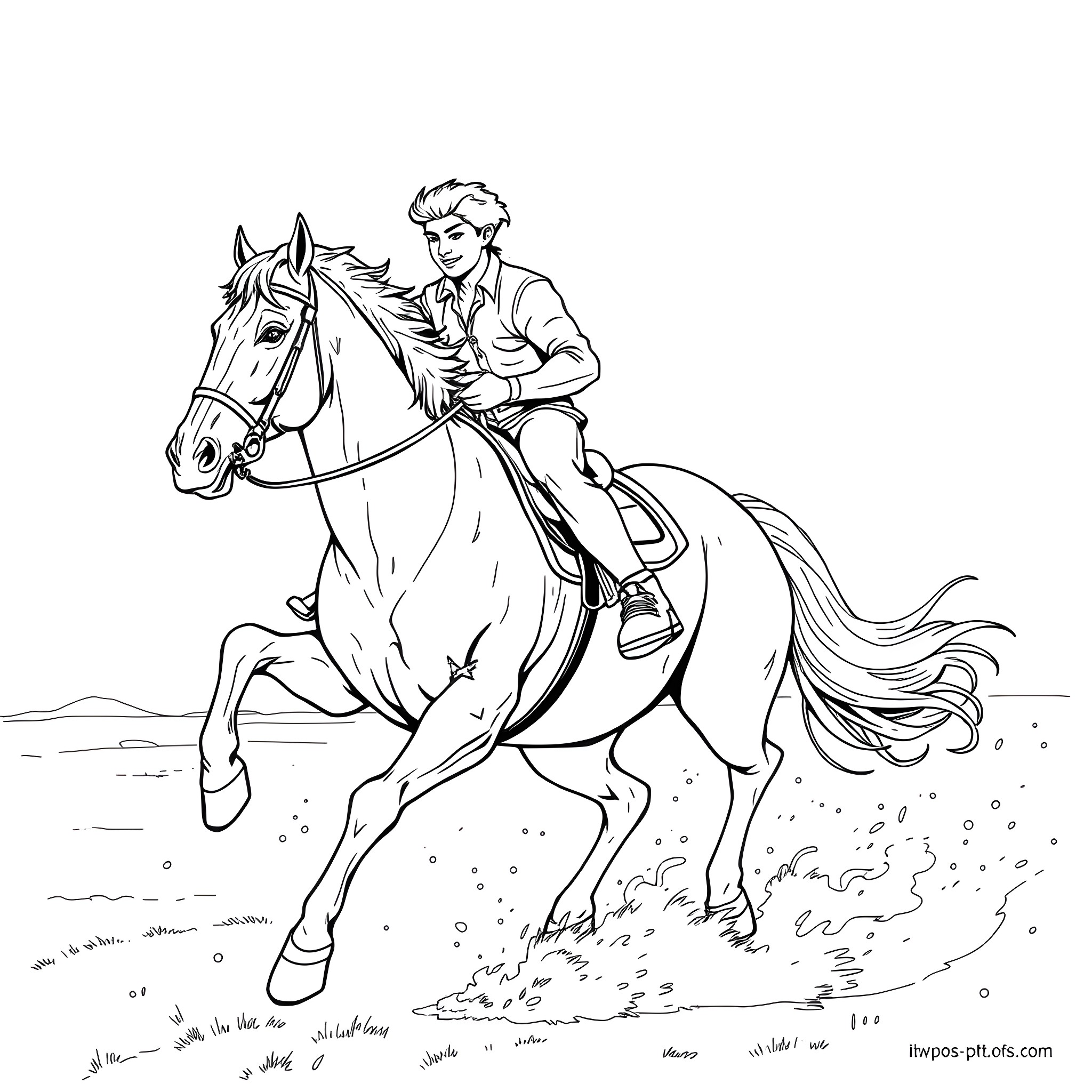 Man riding a horse on a field Coloring Page (free black-and-white line drawing printable PDF for all, from beginners to advanced learners, including children, teens, adults, and seniors)