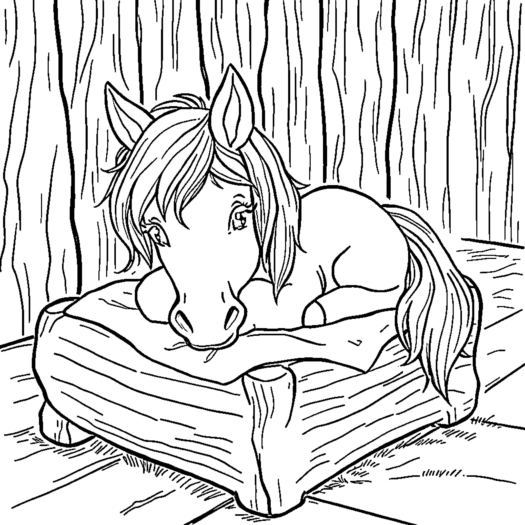 Pony Resting Peacefully in Cozy Bed Coloring Page (free black-and-white line drawing printable PDF for all, from beginners to advanced learners, including children, teens, adults, and seniors)