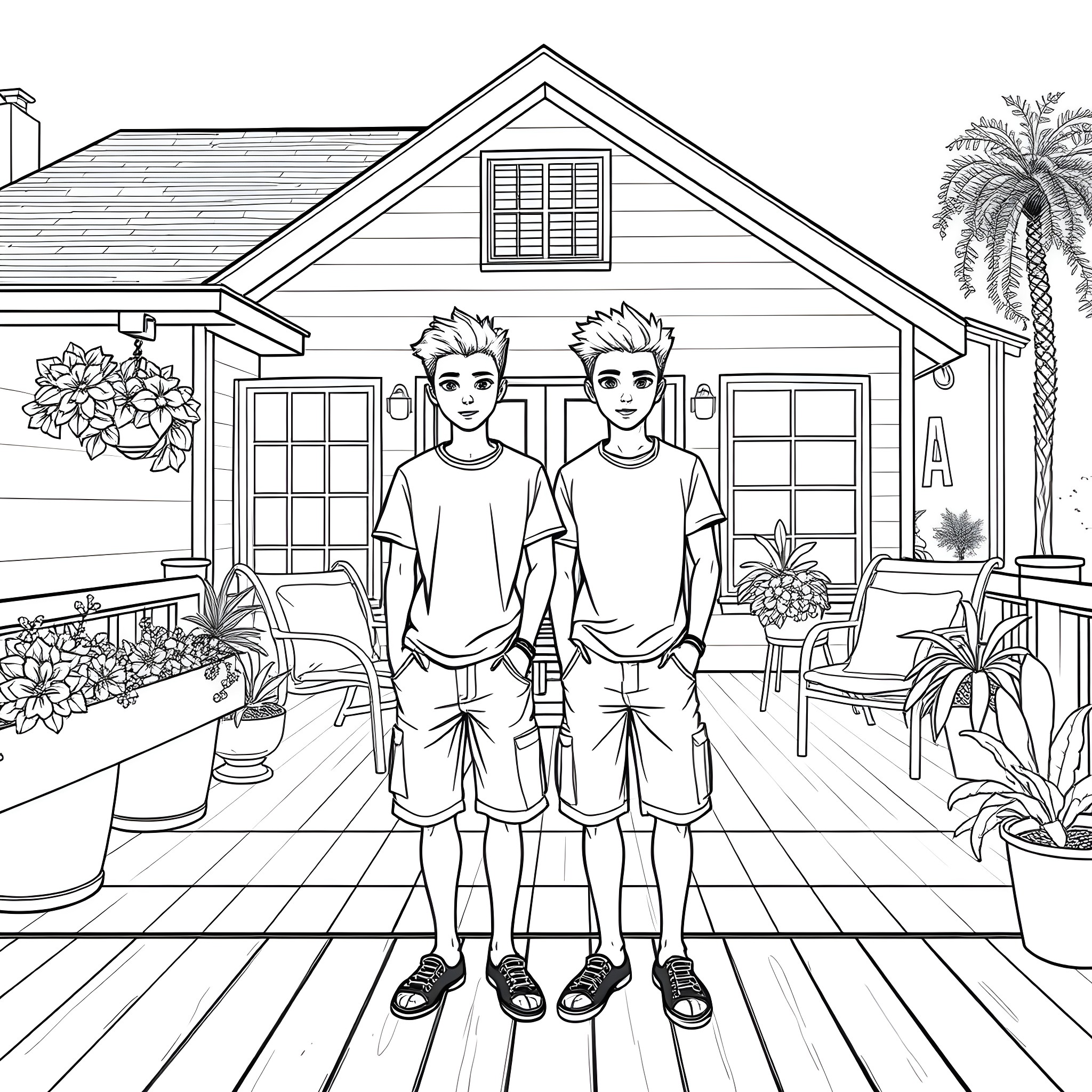 Teen Guys Enjoying the Outdoors on the Porch Coloring Page (free black-and-white line drawing printable PDF for all, from beginners to advanced learners, including children, teens, adults, and seniors)