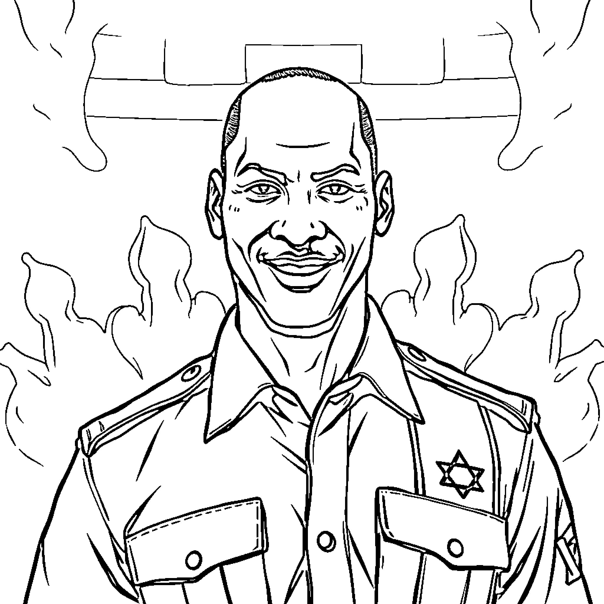Michael Jordan in military uniform with symbolic imagery Coloring Page (free black-and-white line drawing printable PDF for all, from beginners to advanced learners, including children, teens, adults, and seniors)