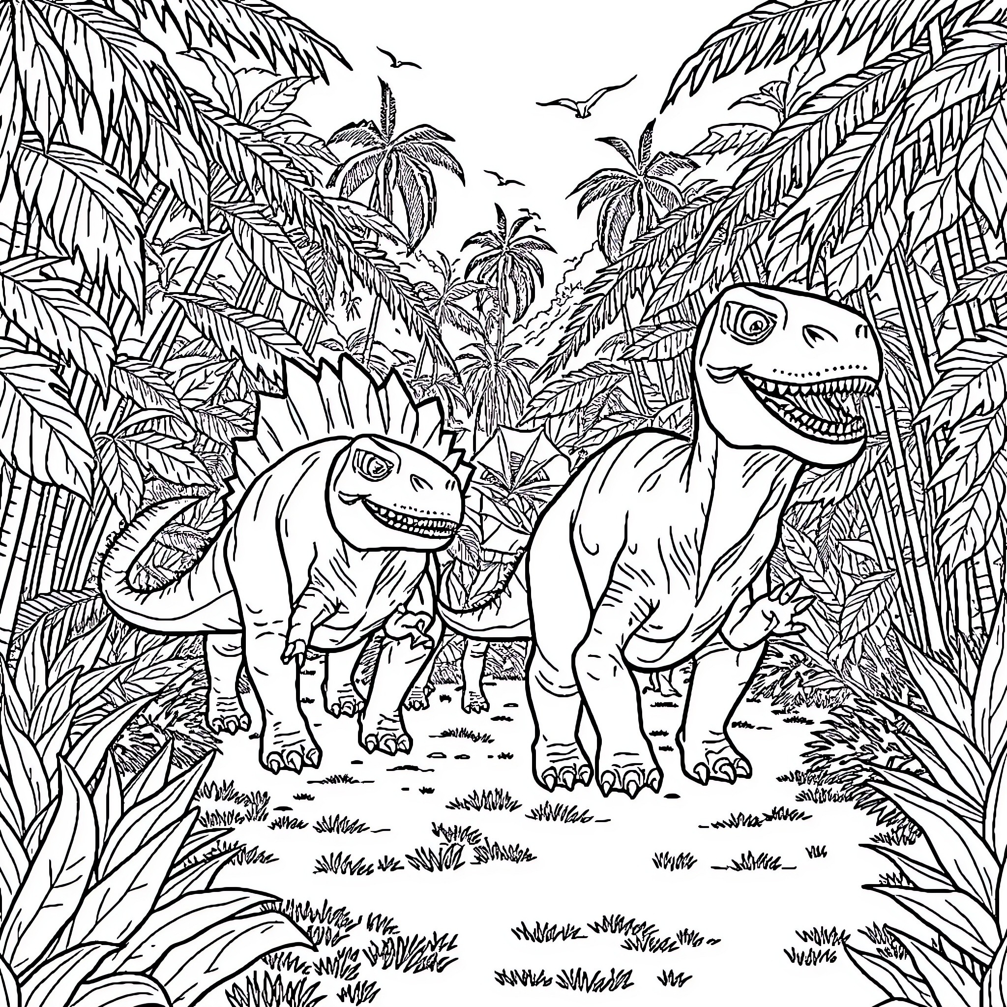 Dinosaurs exploring the lush jungle landscape Coloring Page (free black-and-white line drawing printable PDF for all, from beginners to advanced learners, including children, teens, adults, and seniors)