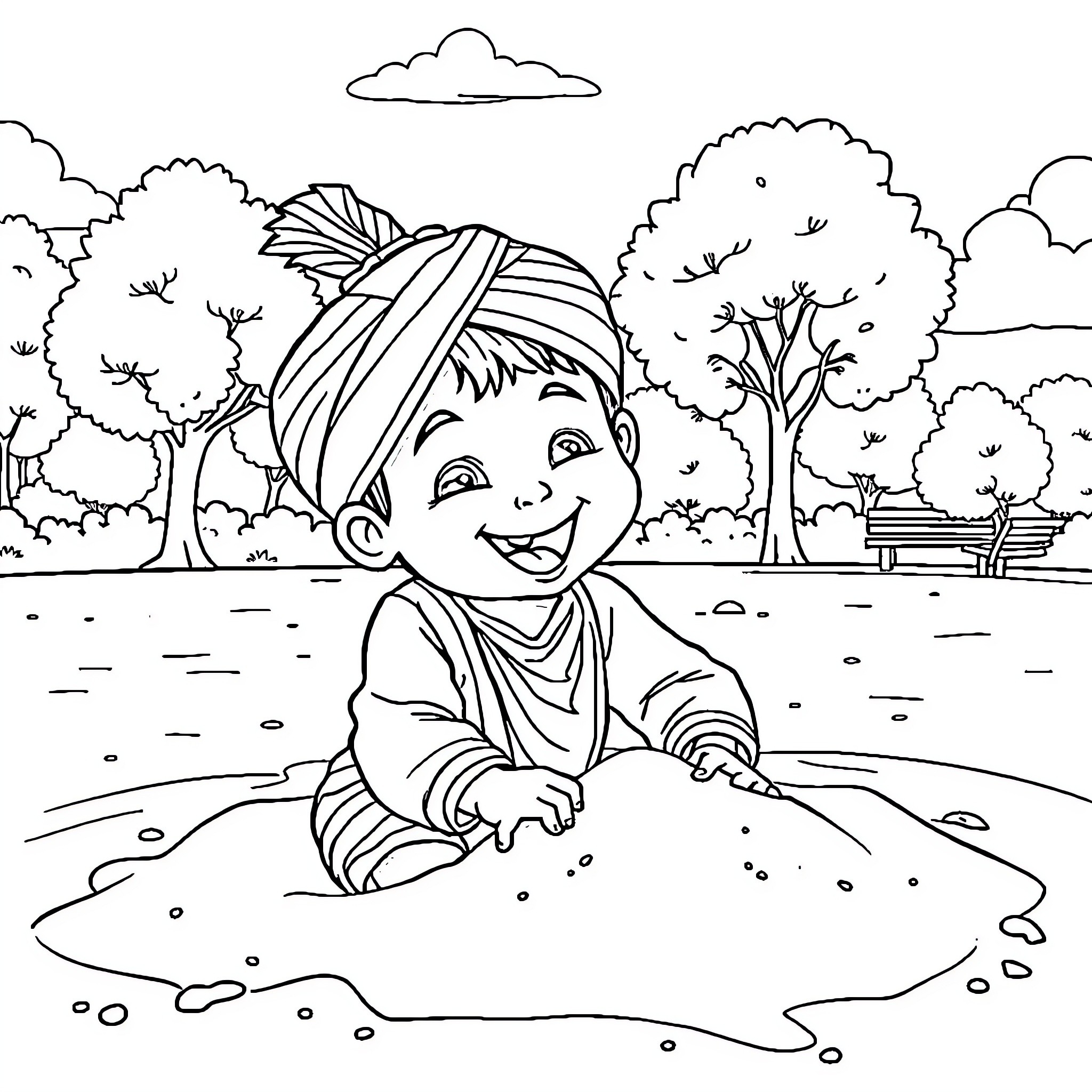 Punjabi Boy Joyfully Playing in the Park Coloring Page (free black-and-white line drawing printable PDF for all, from beginners to advanced learners, including children, teens, adults, and seniors)