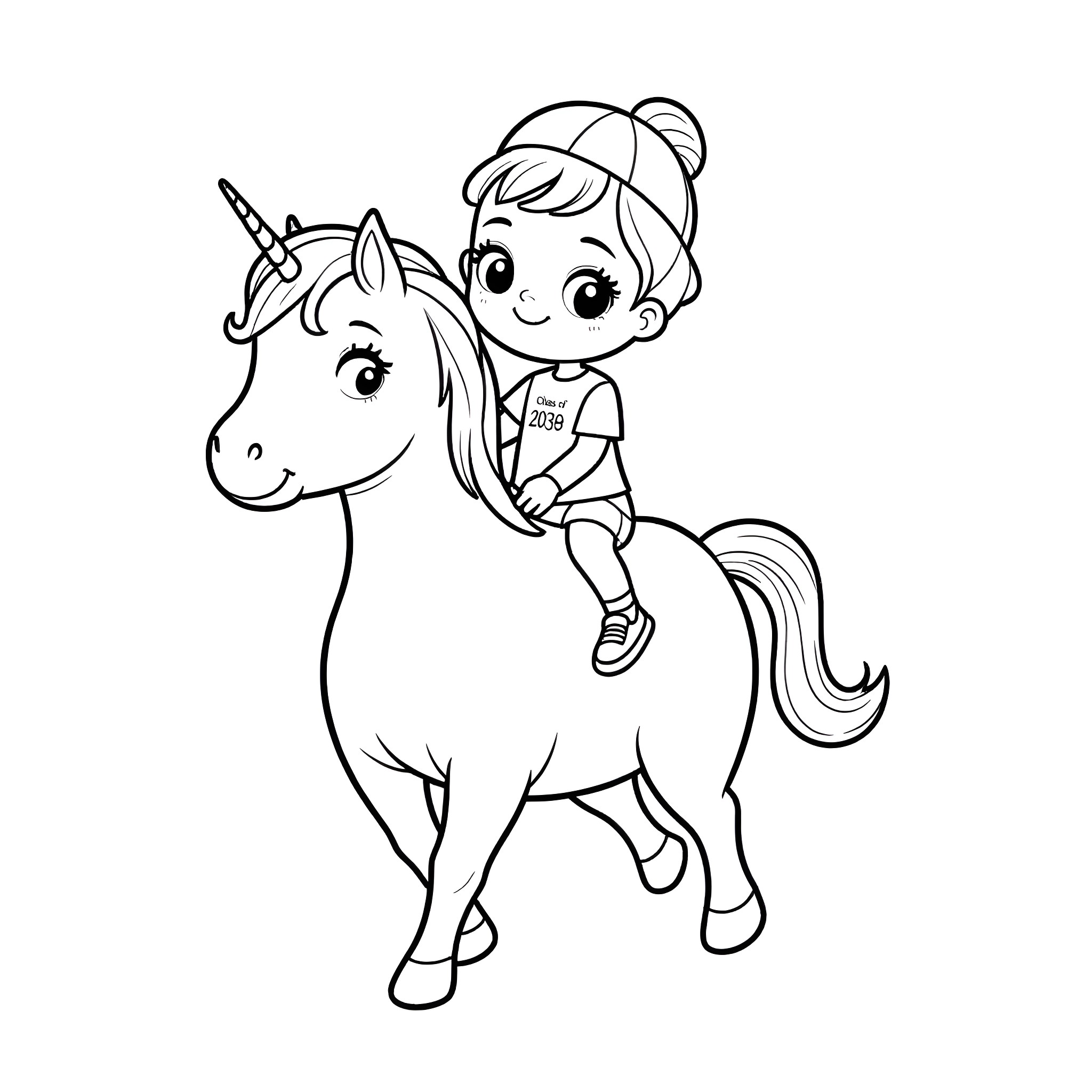 Unicorn Ride with a Cheerful Girl Coloring Page (free black-and-white line drawing printable PDF for all, from beginners to advanced learners, including children, teens, adults, and seniors)